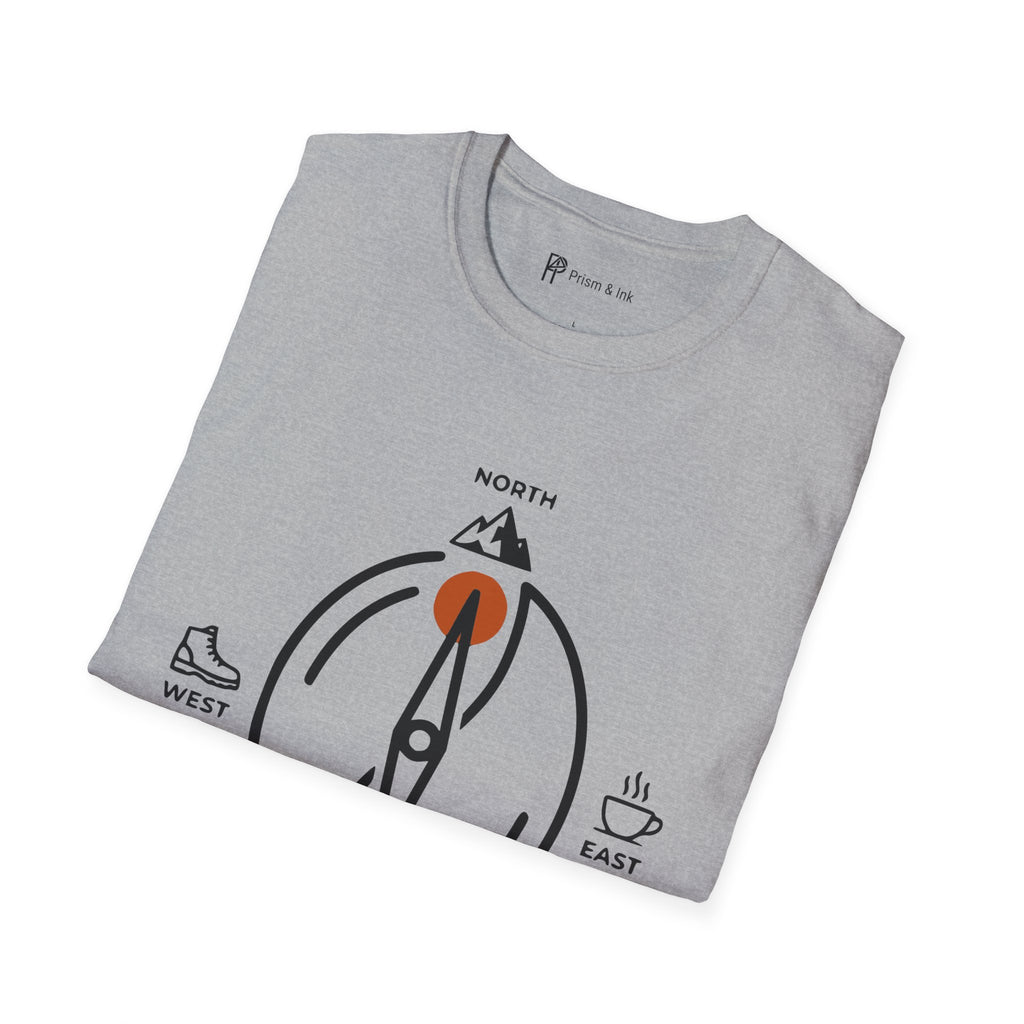 Caffeine Compass T-Shirt — Minimalist Coffee Bean Navigation