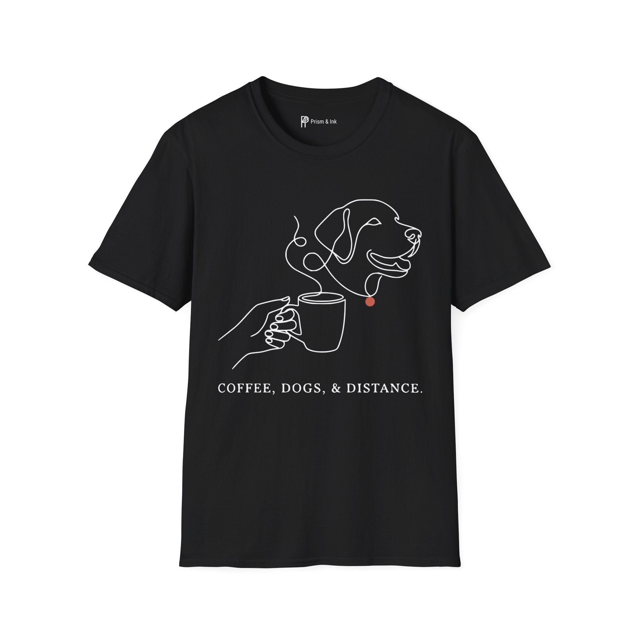 Coffee & Dogs T-Shirt — One Line Art Labrador and Steaming Cup
