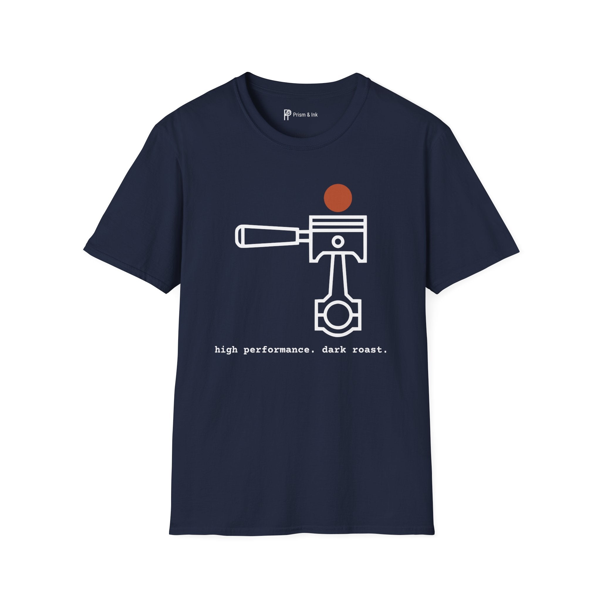 High Performance Dark Roast T-Shirt — Minimalist Piston & Portafilter Mechanical Art