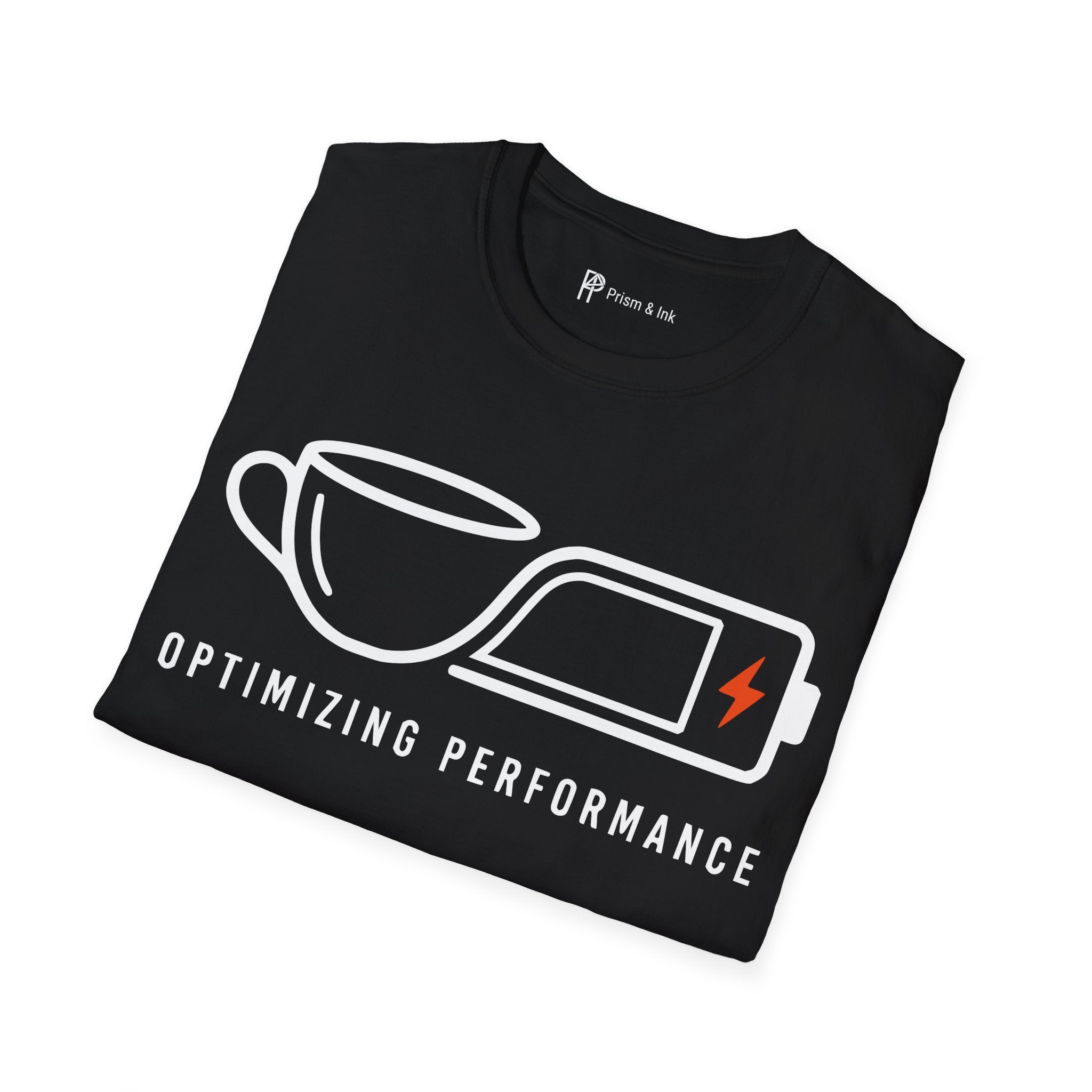 Optimizing Performance T-Shirt — Minimalist Coffee Cup & Battery Charge Graphic