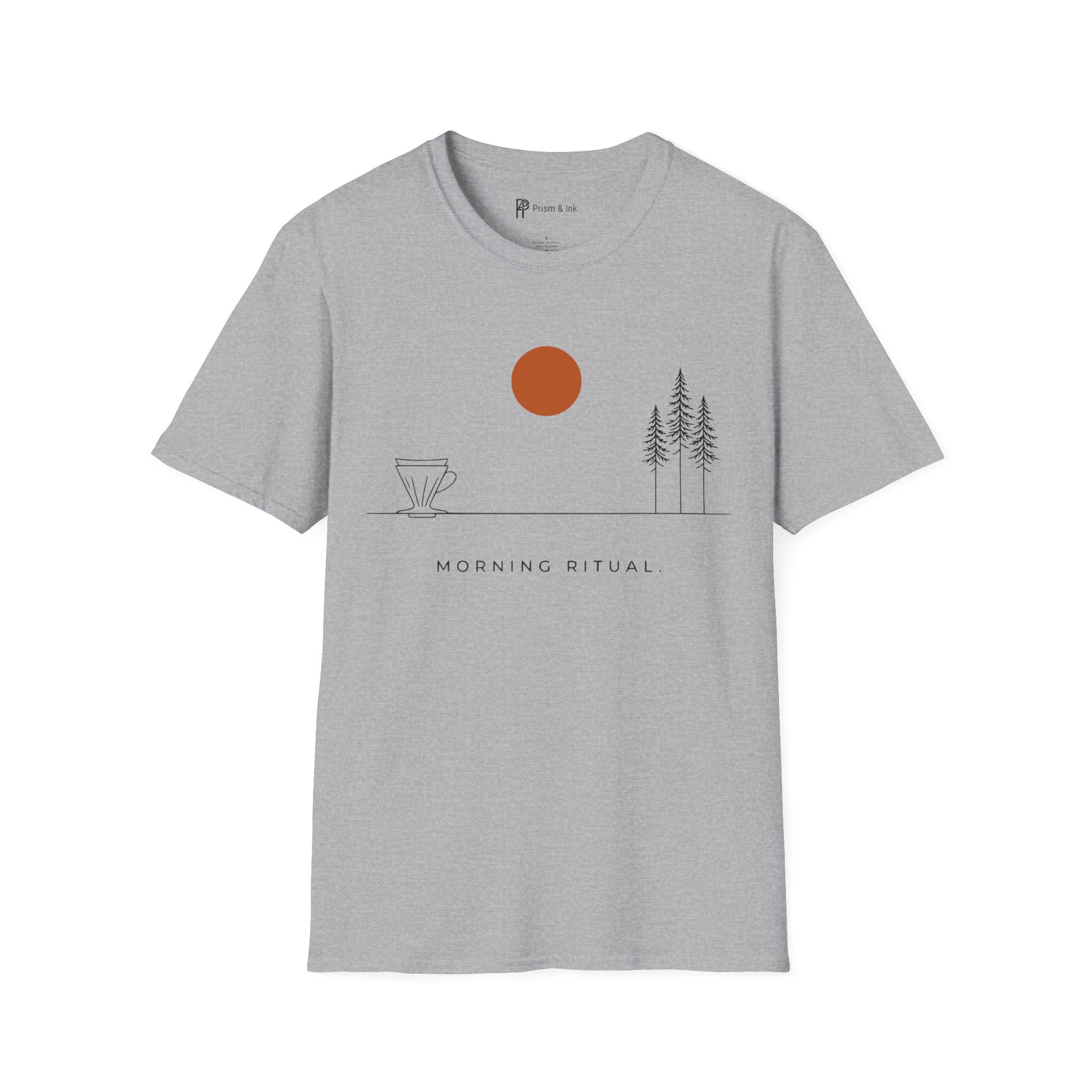 Morning Ritual T-Shirt — Minimalist Pour-Over and Forest Horizon