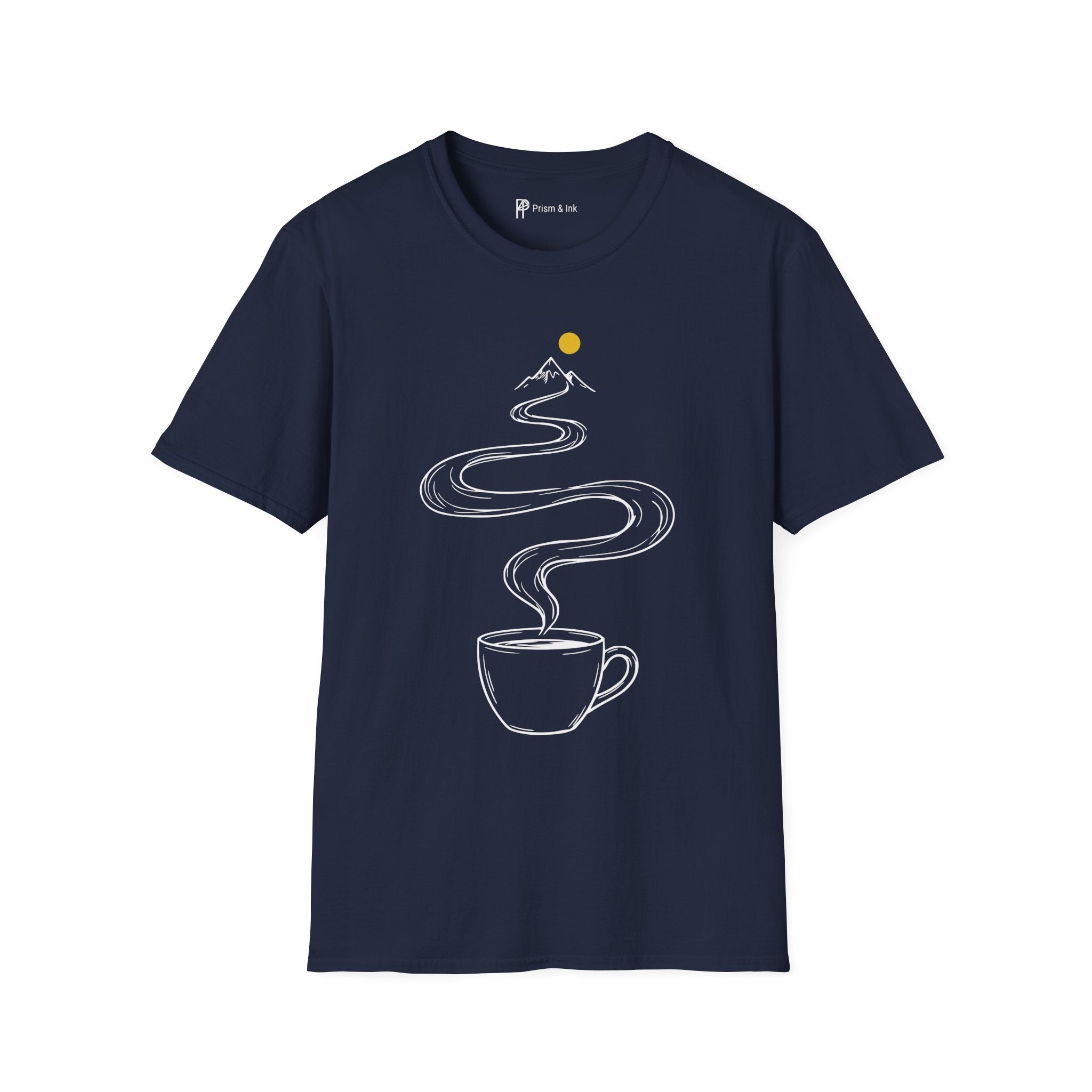 Summit Brew T-Shirt — Steaming Coffee Path and Mountain Peak