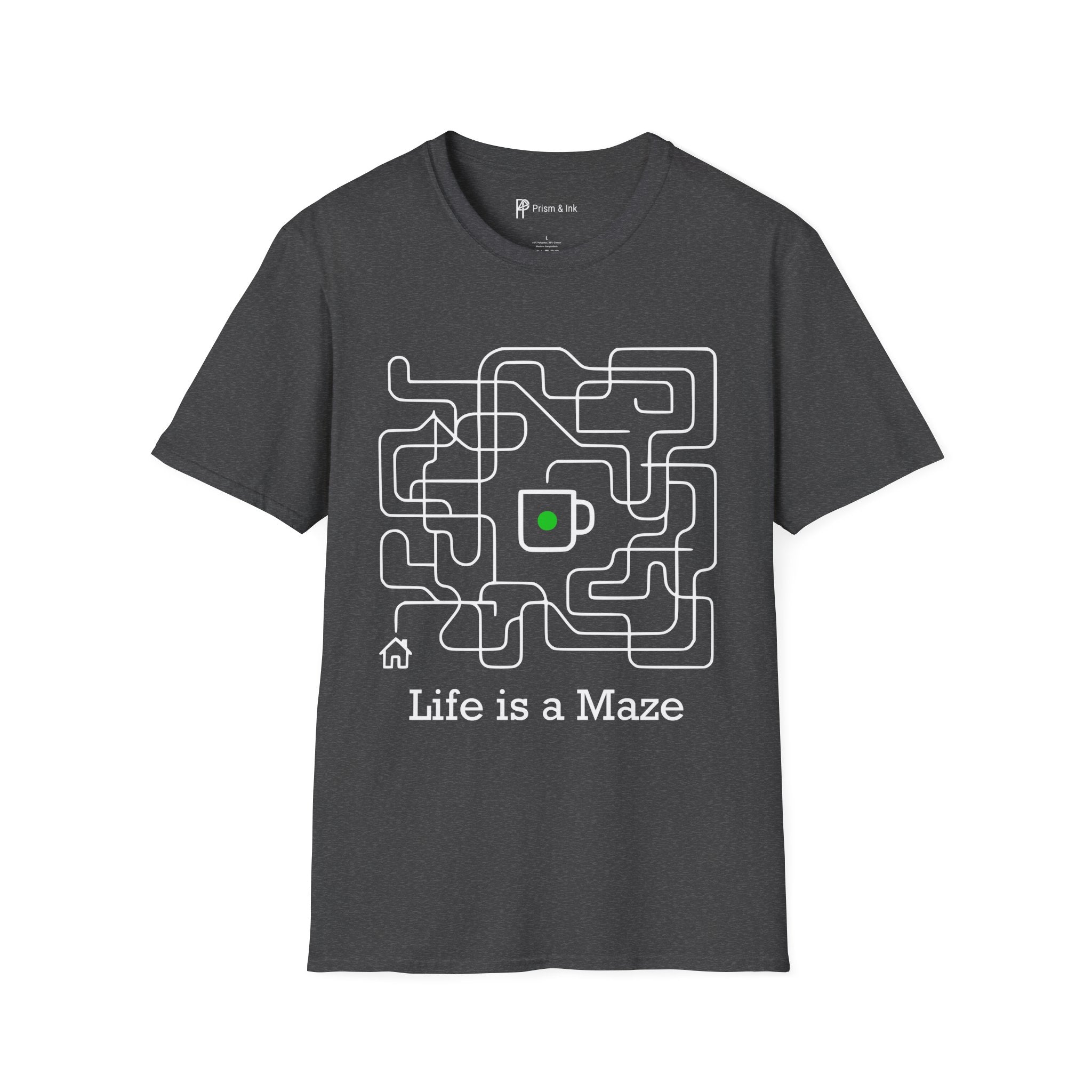 Life is a Maze Coffee T-Shirt — Minimalist Path to Home & Caffeine Art