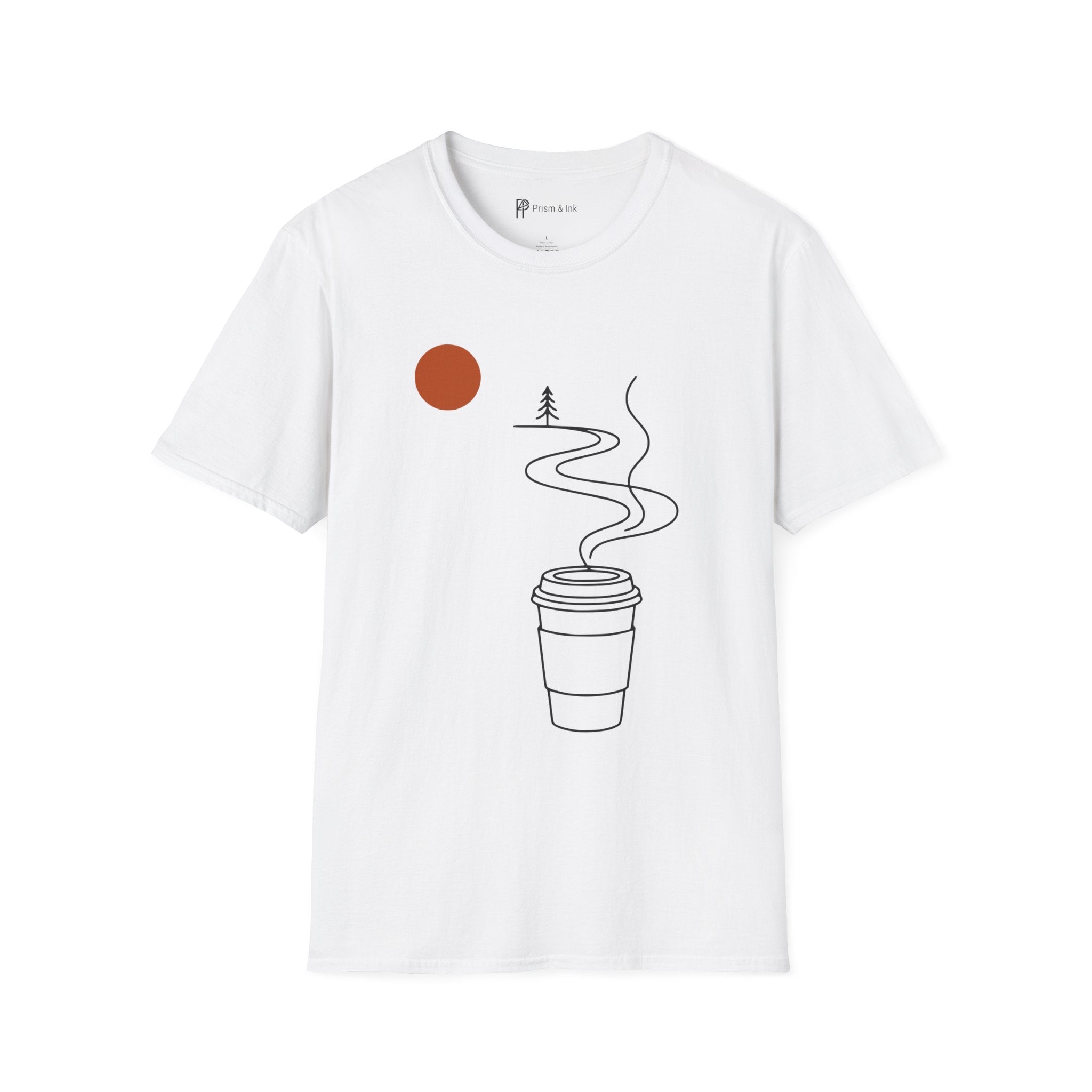 Escape in a Cup T-Shirt — Takeaway Coffee Steam and Mountain Path