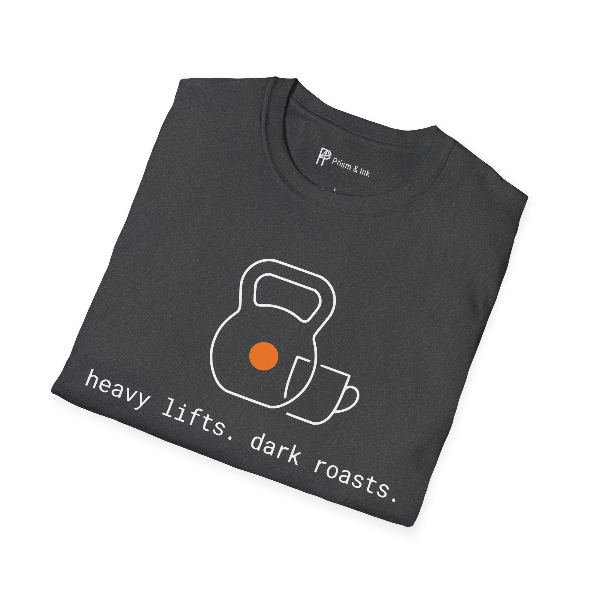 Heavy Lifts & Dark Roasts T-Shirt — Minimalist Kettlebell & Coffee Line Art