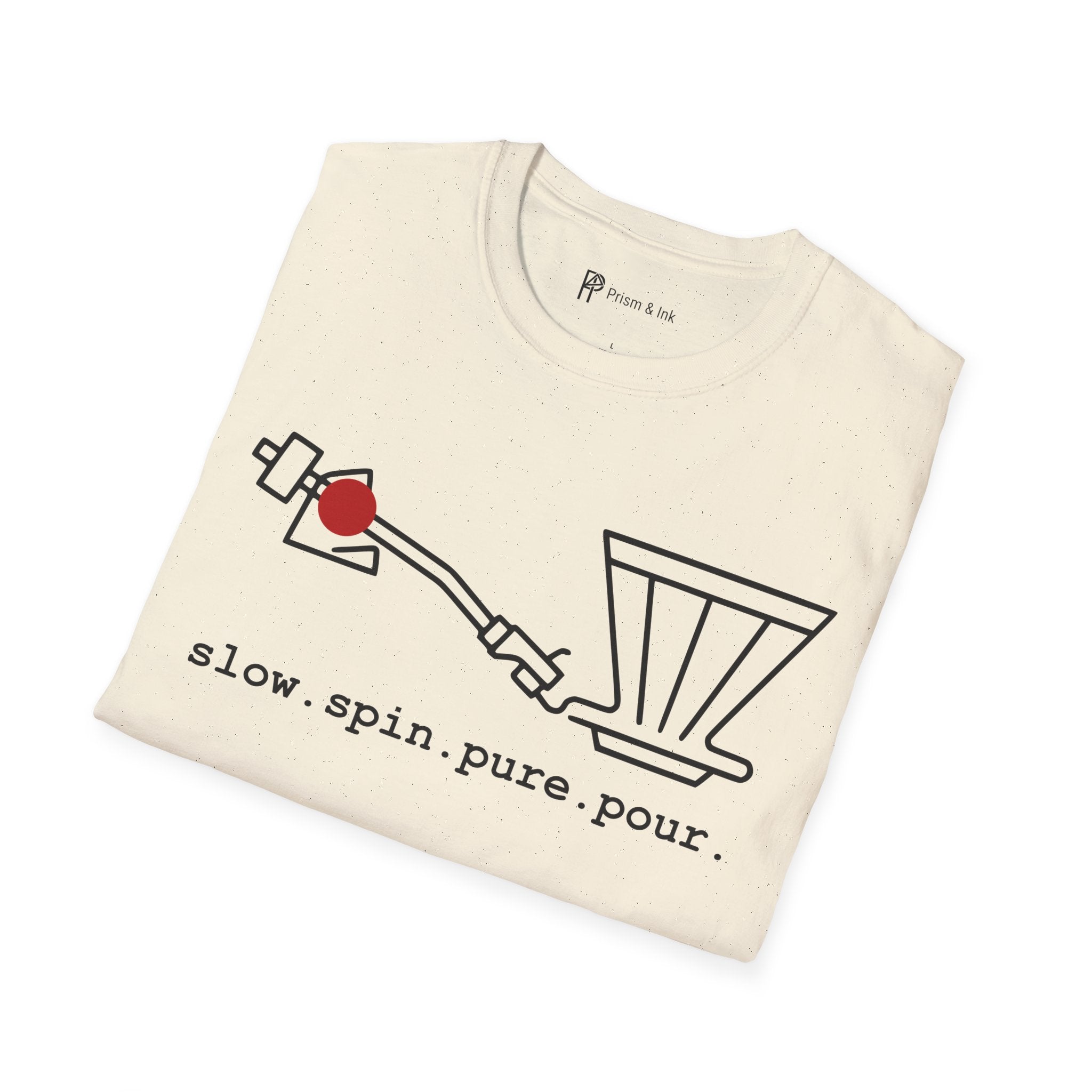 Slow Spin Pure Pour T-Shirt — Minimalist Vinyl Tonearm & Coffee Dripper Art