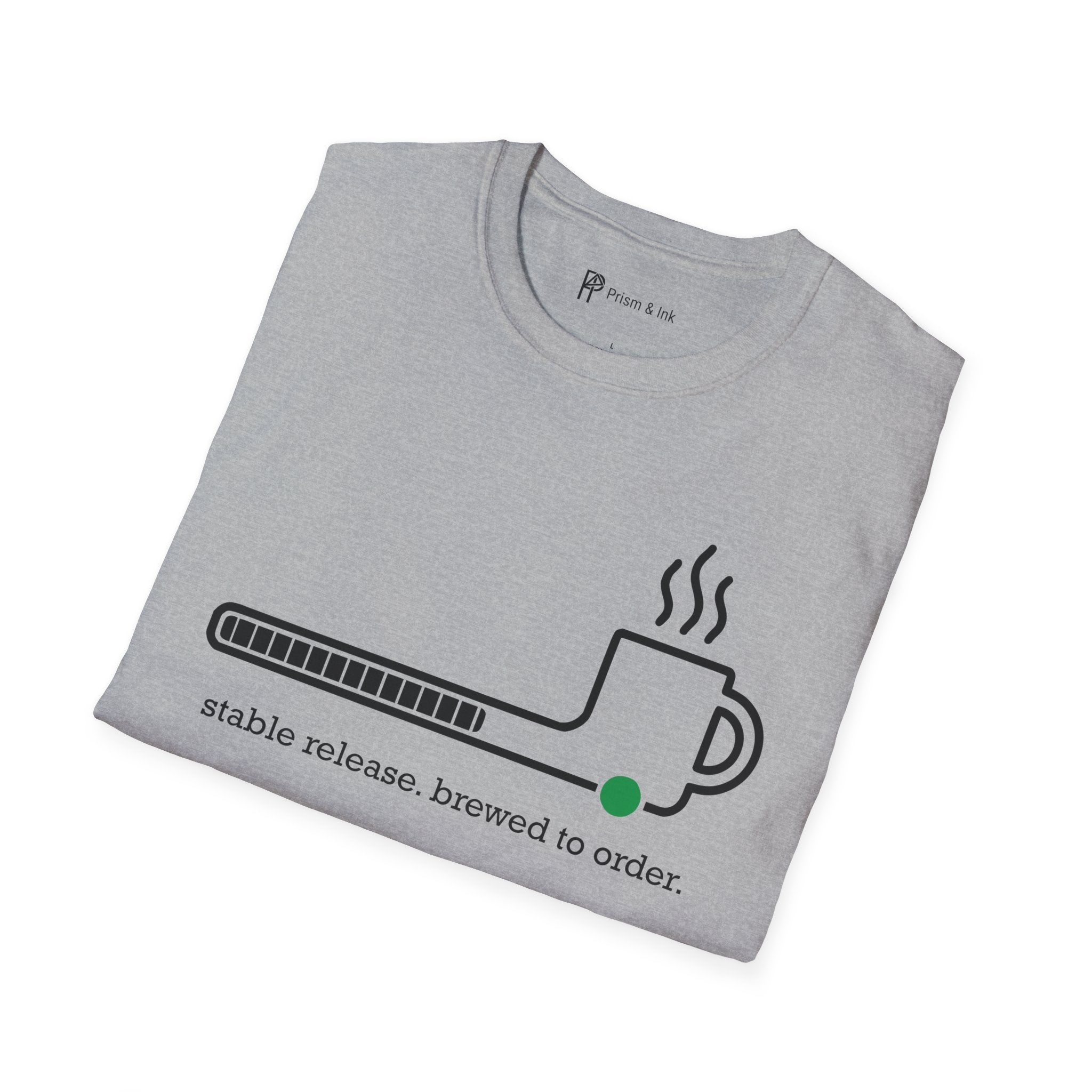 Stable Release Coffee T-Shirt — Minimalist Loading Bar & Brew Graphic
