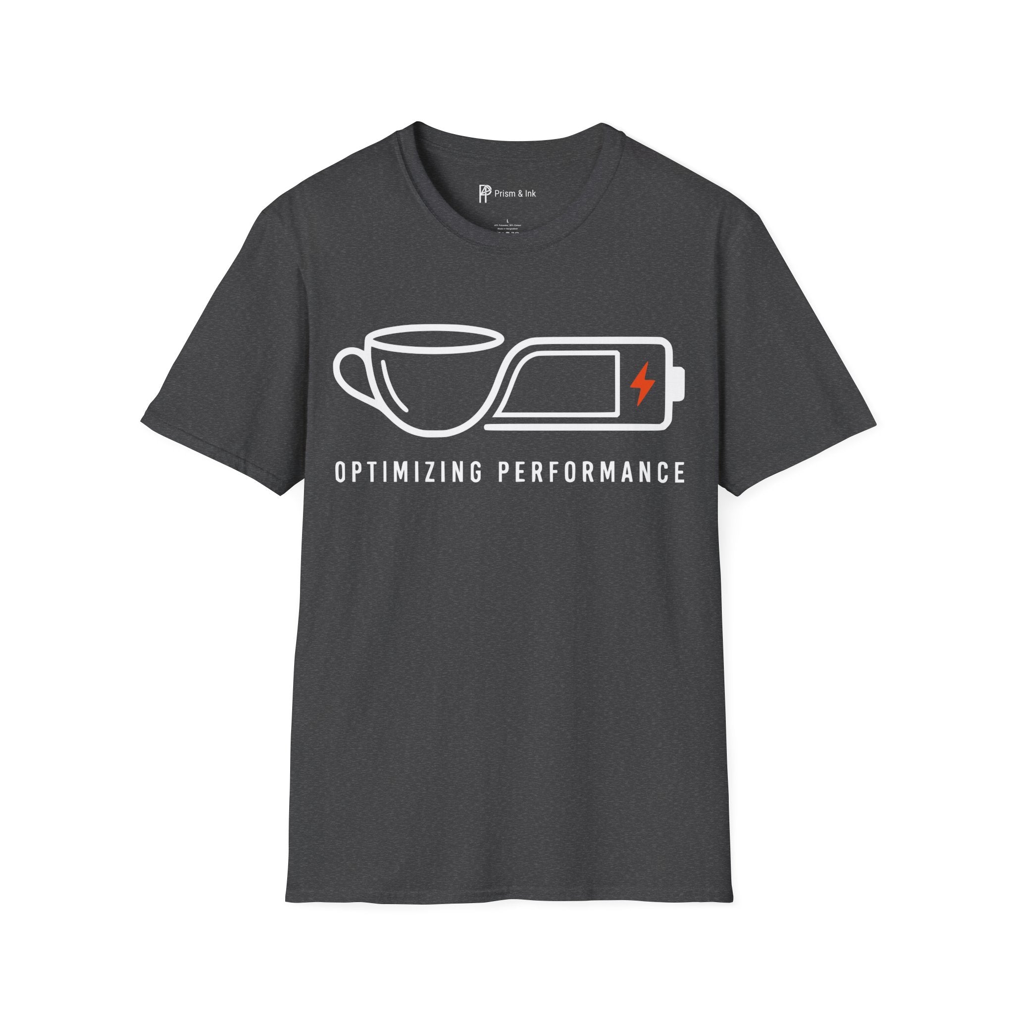Optimizing Performance T-Shirt — Minimalist Coffee Cup & Battery Charge Graphic