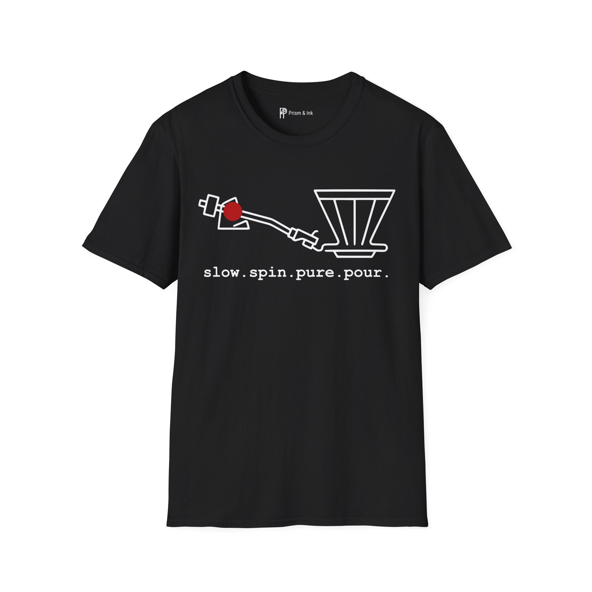 Slow Spin Pure Pour T-Shirt — Minimalist Vinyl Tonearm & Coffee Dripper Art