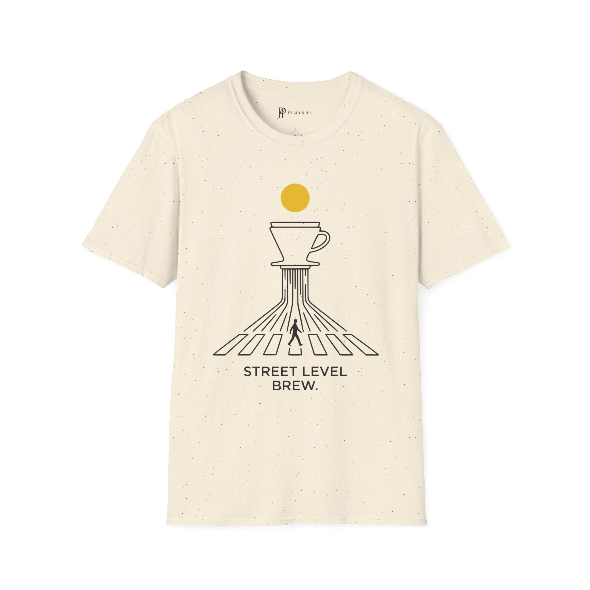 Street Level Brew T-Shirt — Pour-Over Dripper and Crosswalk Silhouette