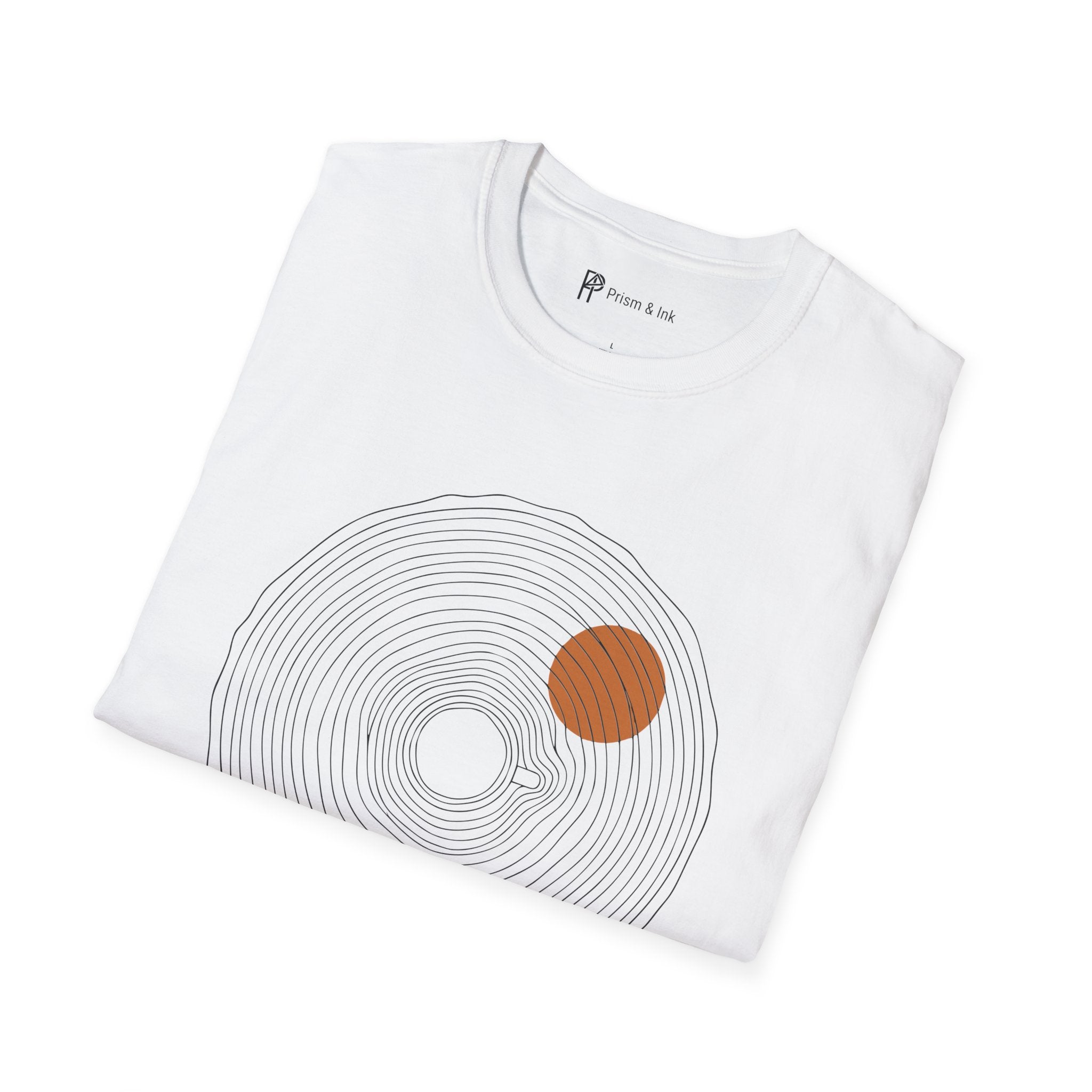 Slow Brew T-Shirt — Tree Ring Growth and Coffee Cup Silhouette