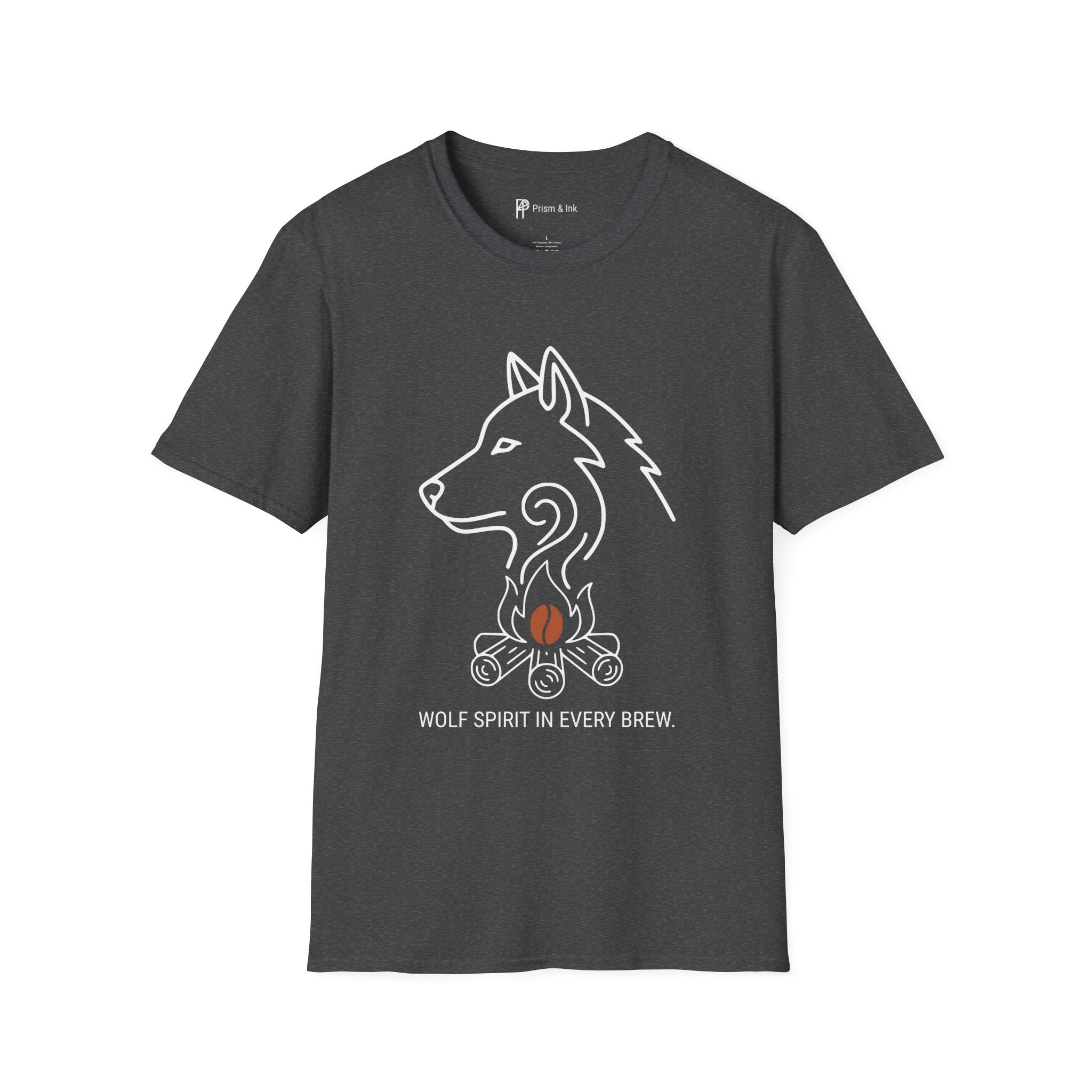 Wolf Spirit in Every Brew T-Shirt — Minimalist Campfire & Wild Coffee Silhouette