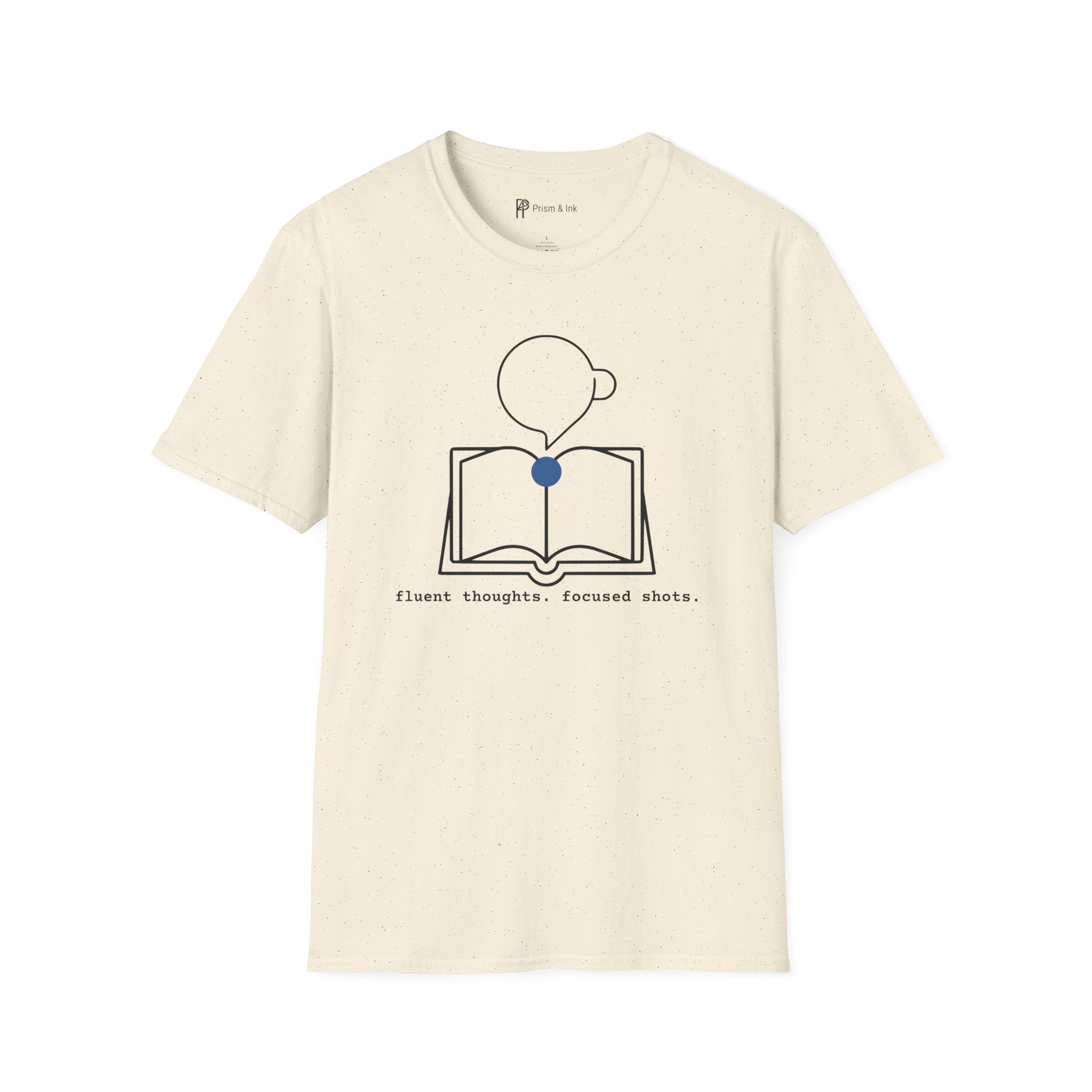 Fluent Thoughts Focused Shots T-Shirt — Minimalist Open Book & Coffee Art
