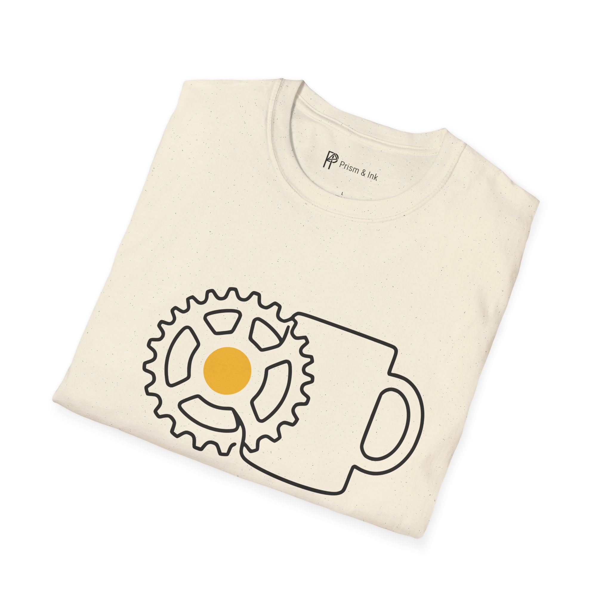 Shifting Gears T-Shirt — Minimalist Cycling Cog & Coffee Line Art