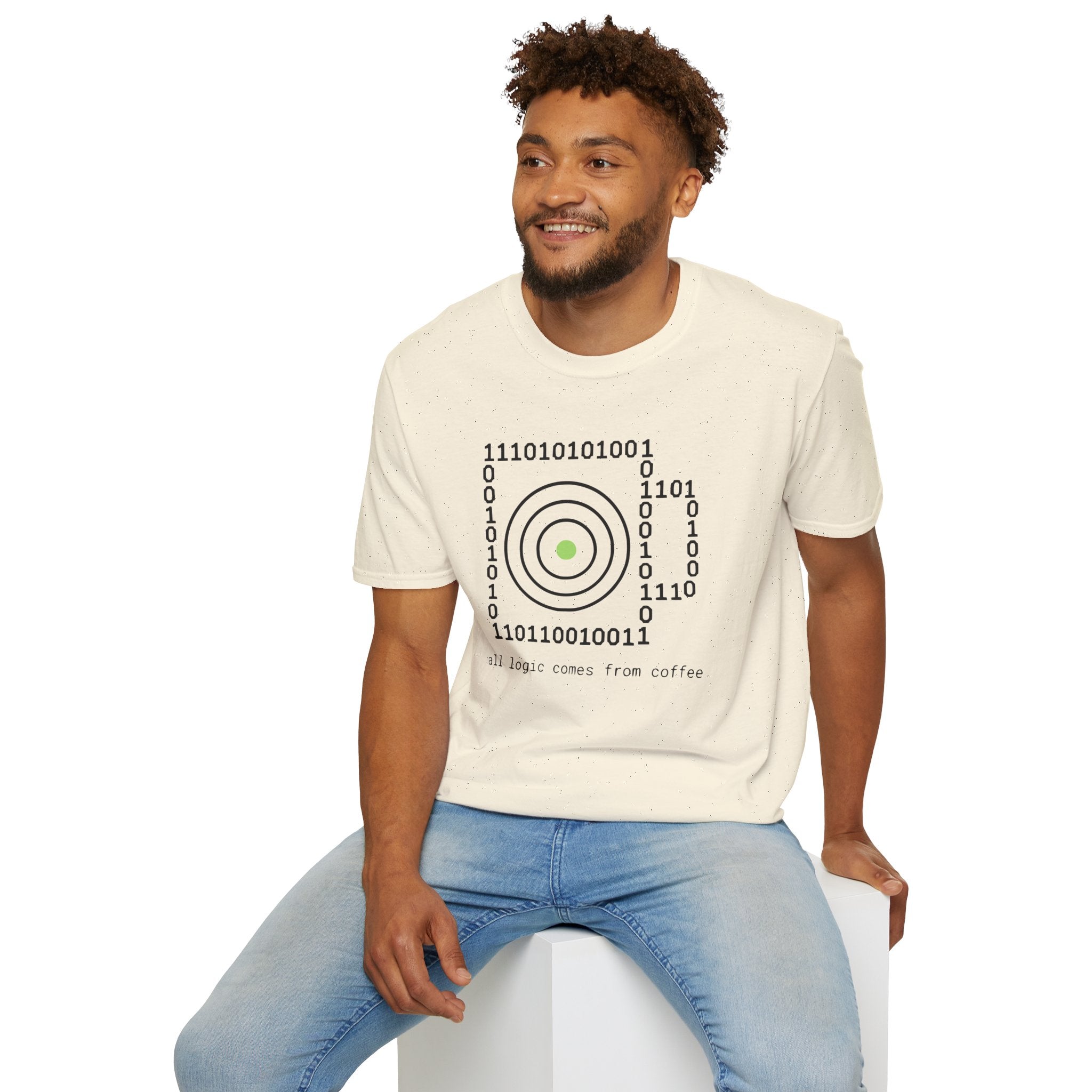 Binary Code Target T-Shirt — "All Logic Comes From Coffee" Geek T-Shirt