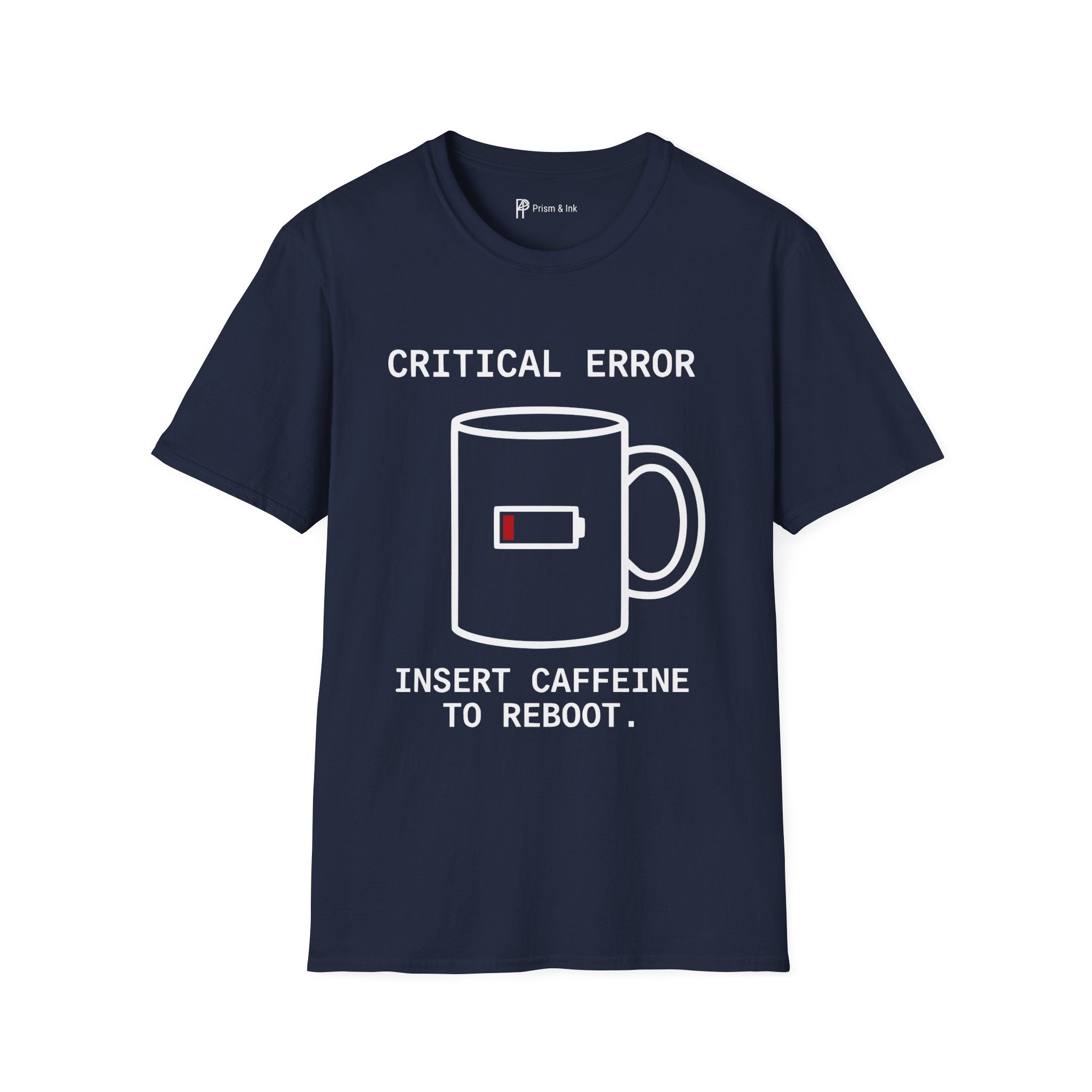 Critical Error Reboot T-Shirt — Funny Programmer Coffee & Low Battery Graphic