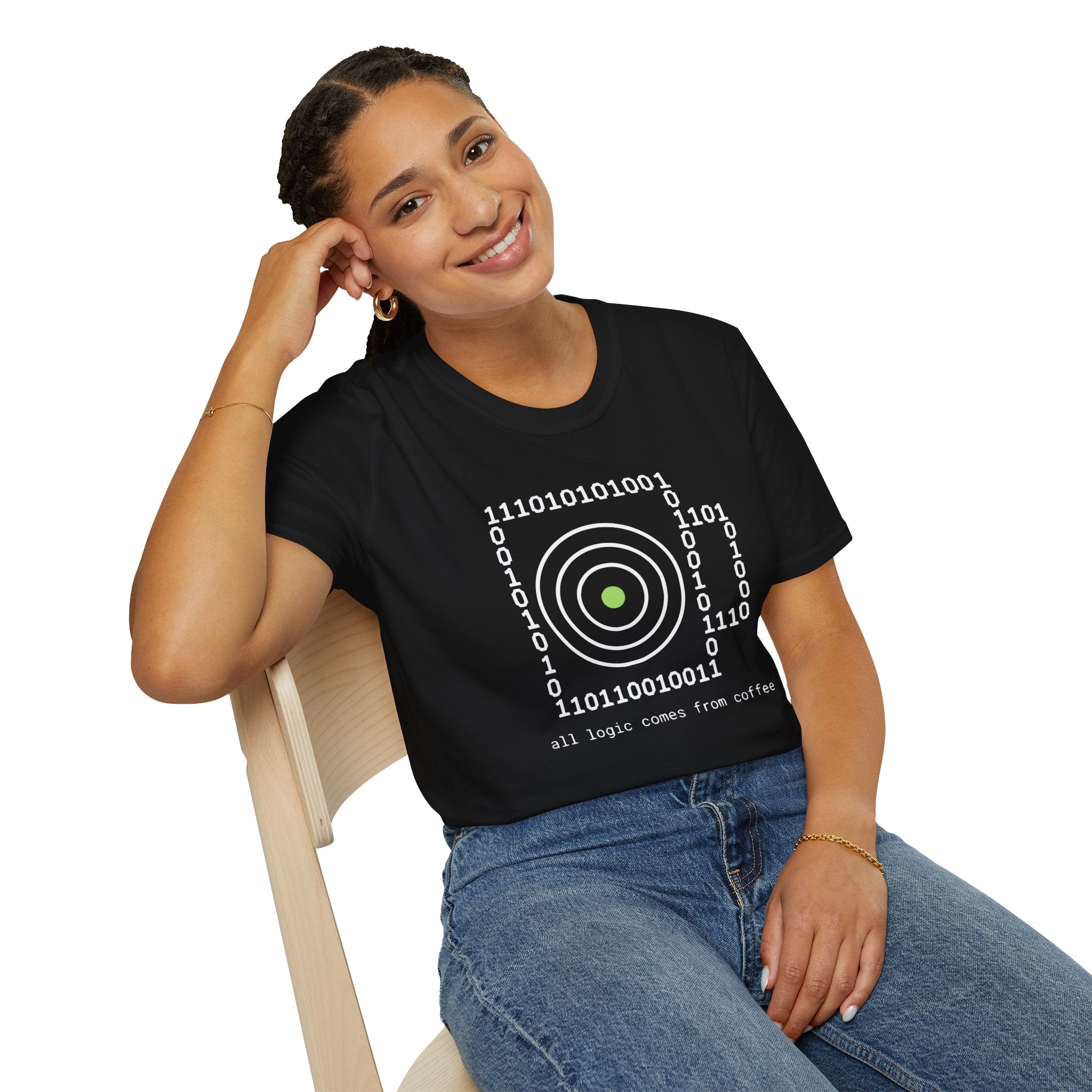 Binary Code Target T-Shirt — "All Logic Comes From Coffee" Geek T-Shirt