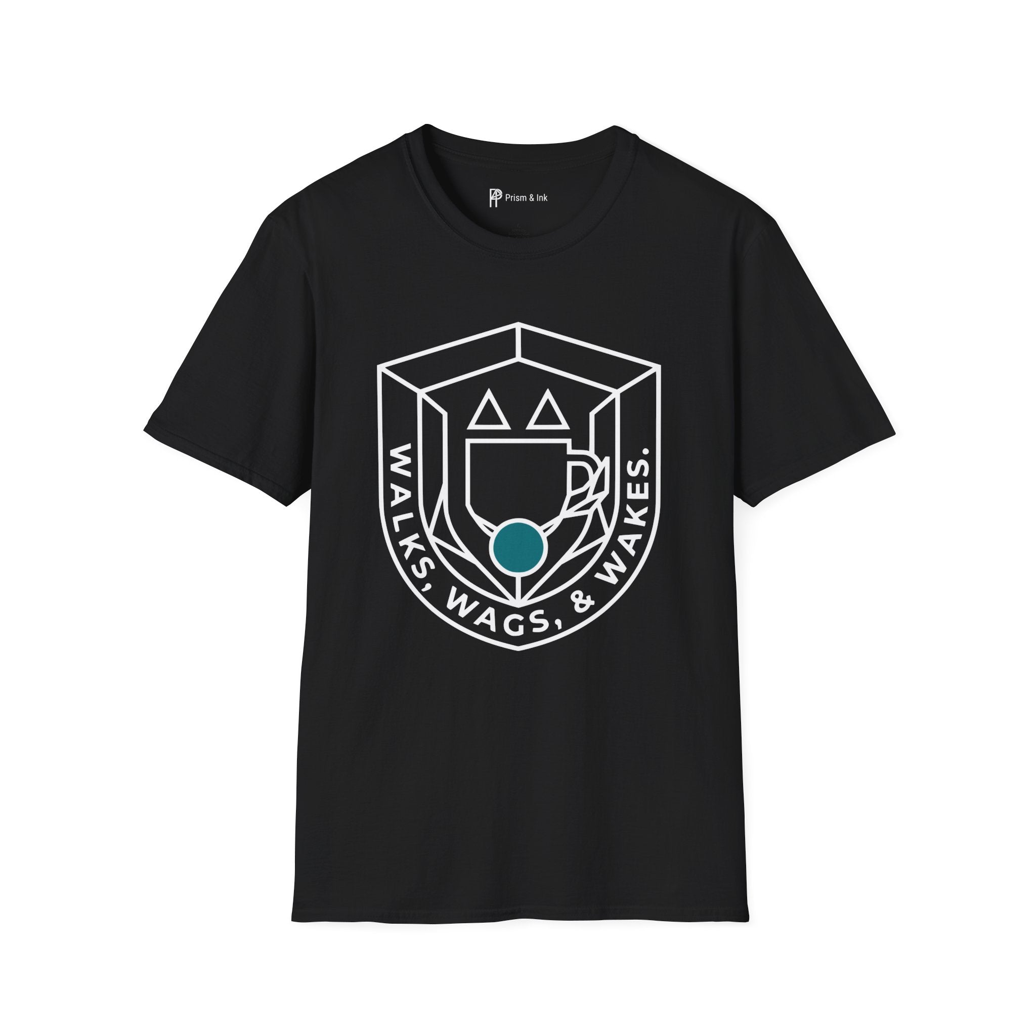 Walks, Wags & Wakes T-Shirt — Geometric Dog and Coffee Crest Graph