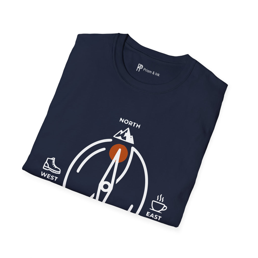 Caffeine Compass T-Shirt — Minimalist Coffee Bean Navigation