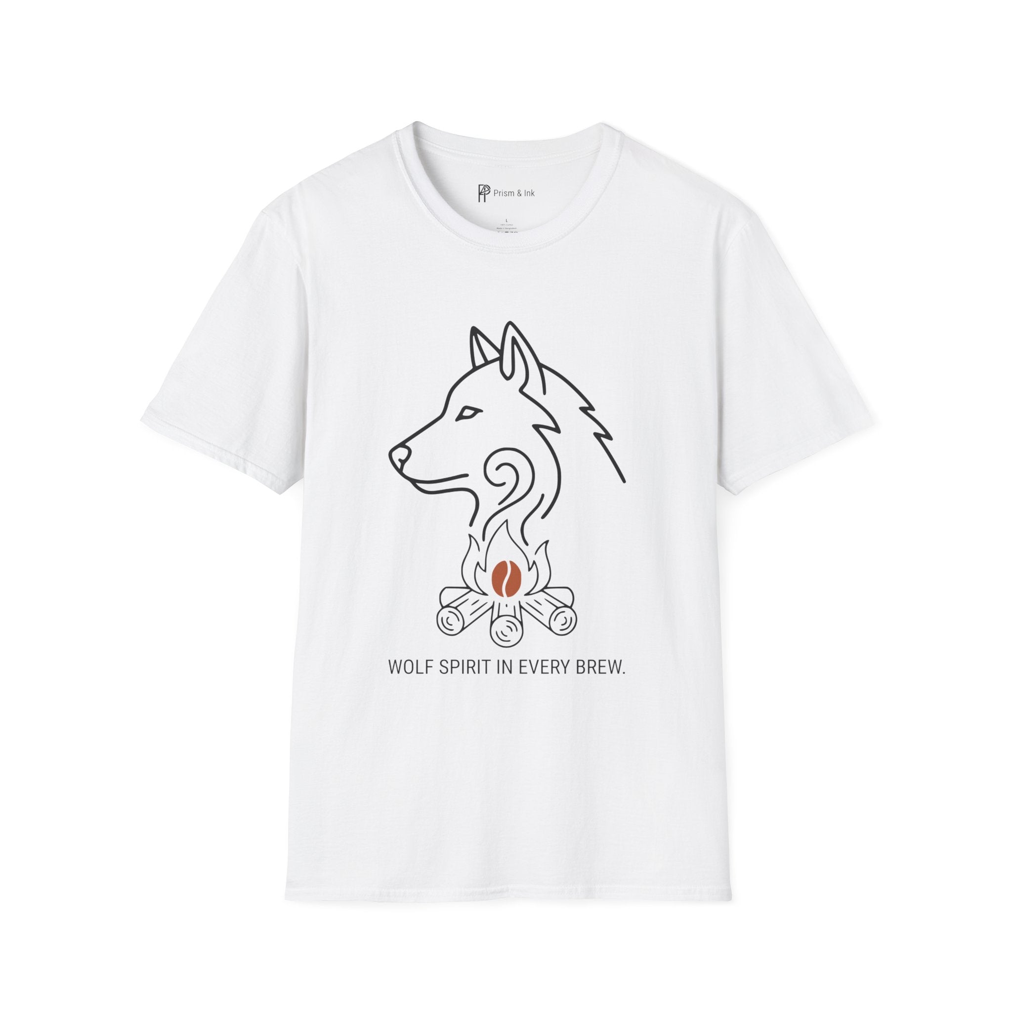 Wolf Spirit in Every Brew T-Shirt — Minimalist Campfire & Wild Coffee Silhouette
