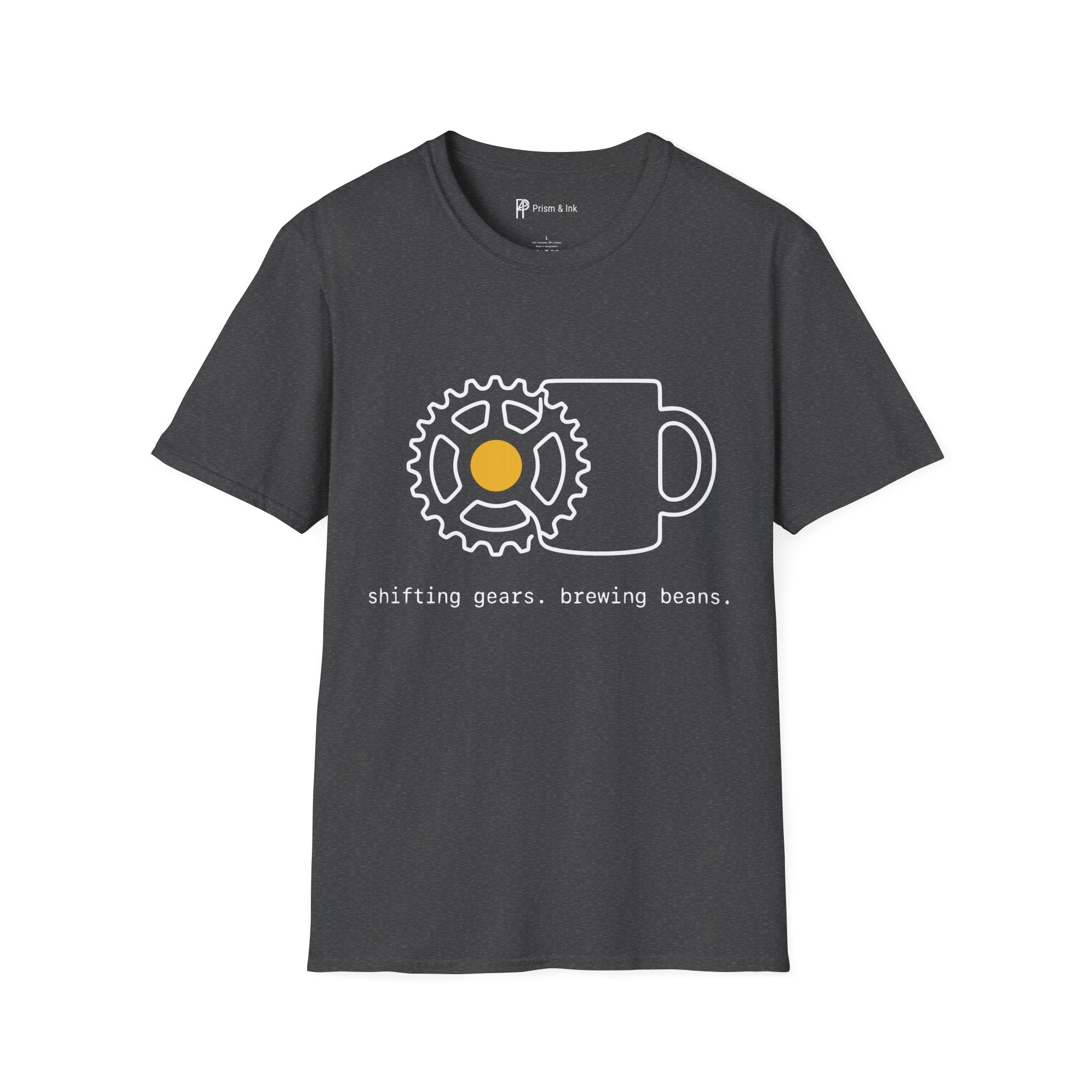 Shifting Gears T-Shirt — Minimalist Cycling Cog & Coffee Line Art