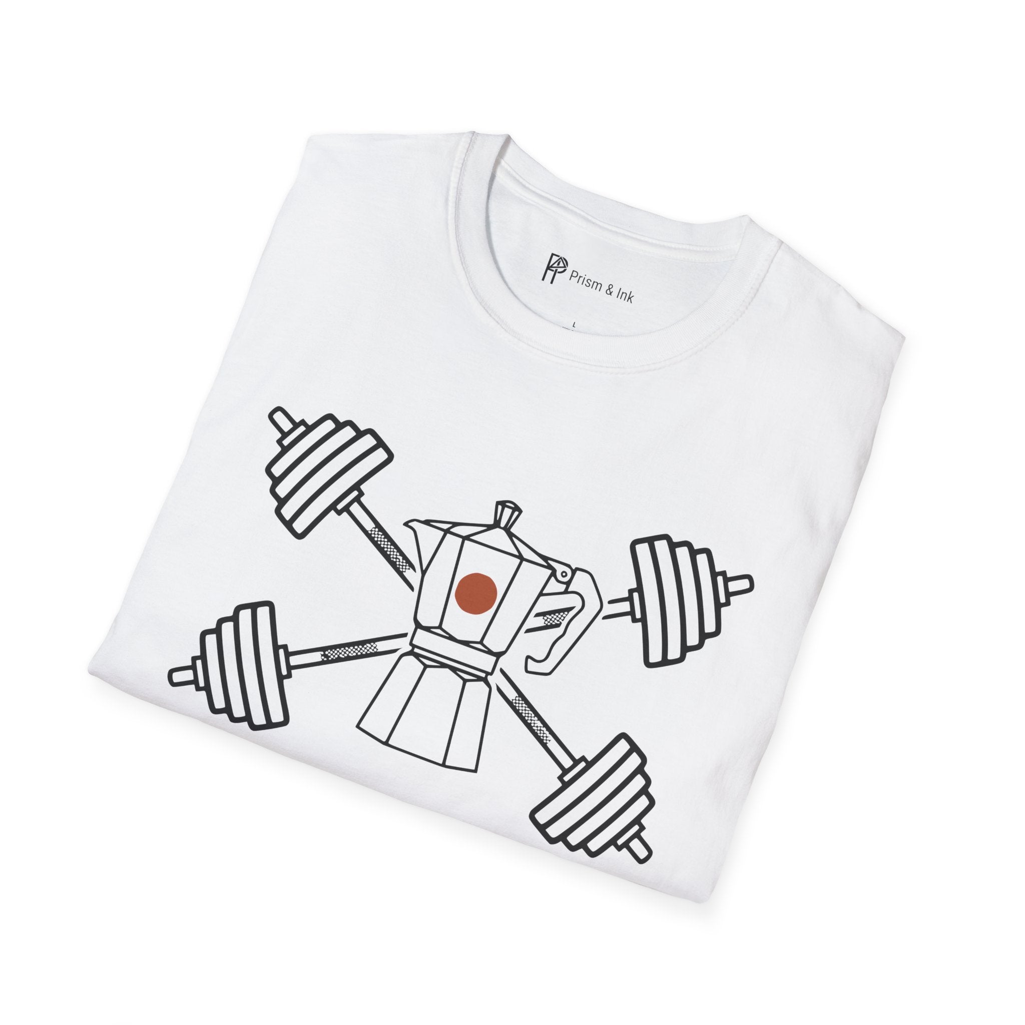Heavy Lifts Dark Roasts T-Shirt — Minimalist Moka Pot & Gym Barbell Art