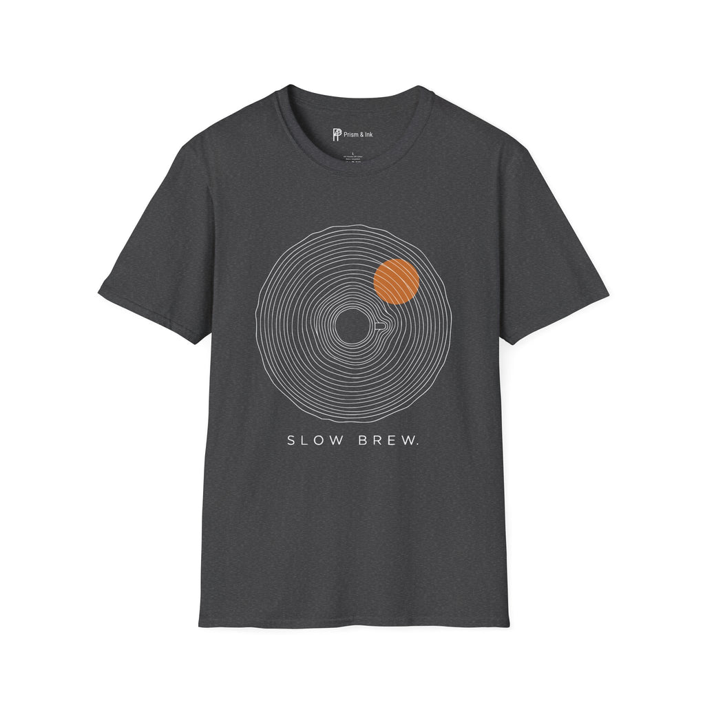 Slow Brew T-Shirt — Tree Ring Growth and Coffee Cup Silhouette