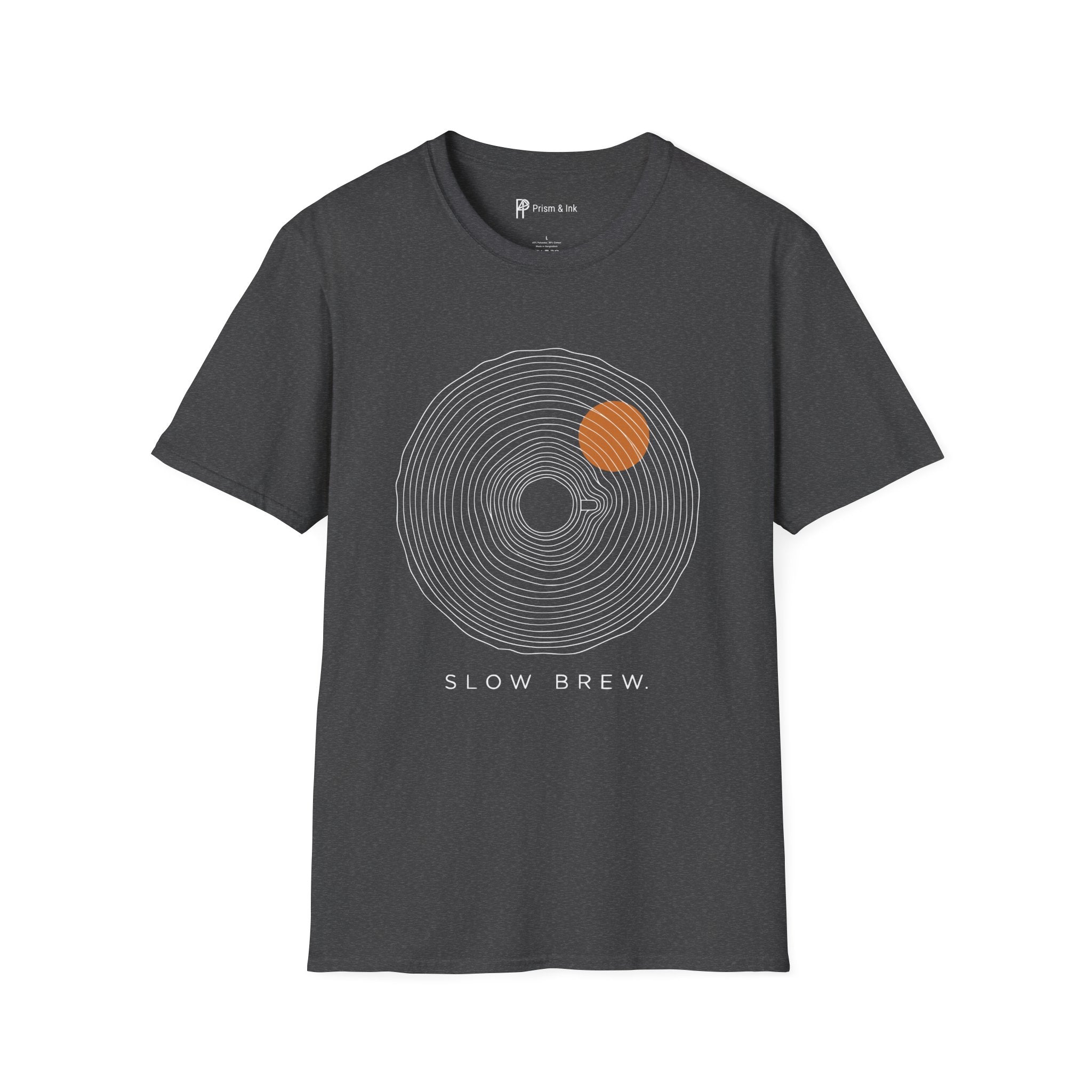 Slow Brew T-Shirt — Tree Ring Growth and Coffee Cup Silhouette