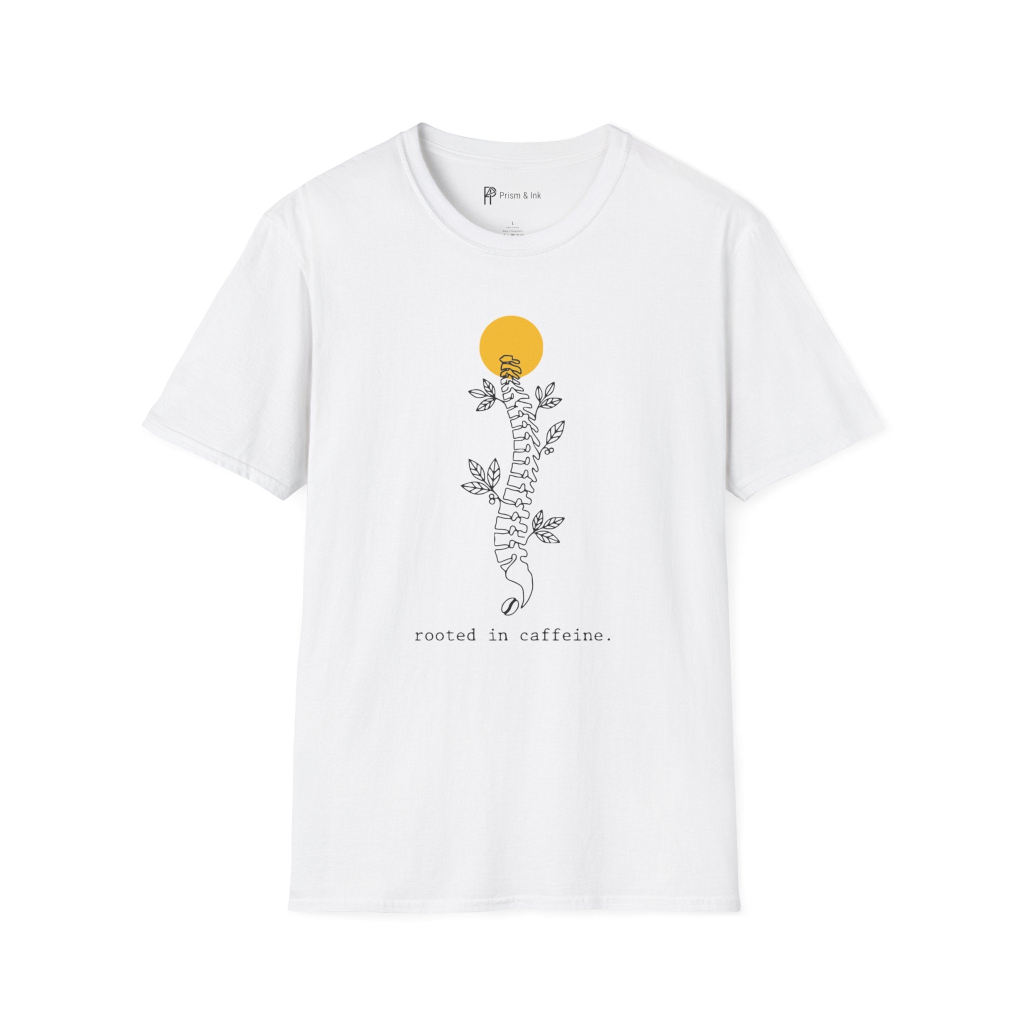 Rooted in Caffeine T-Shirt — Spinal Coffee Branch and Sun Graph