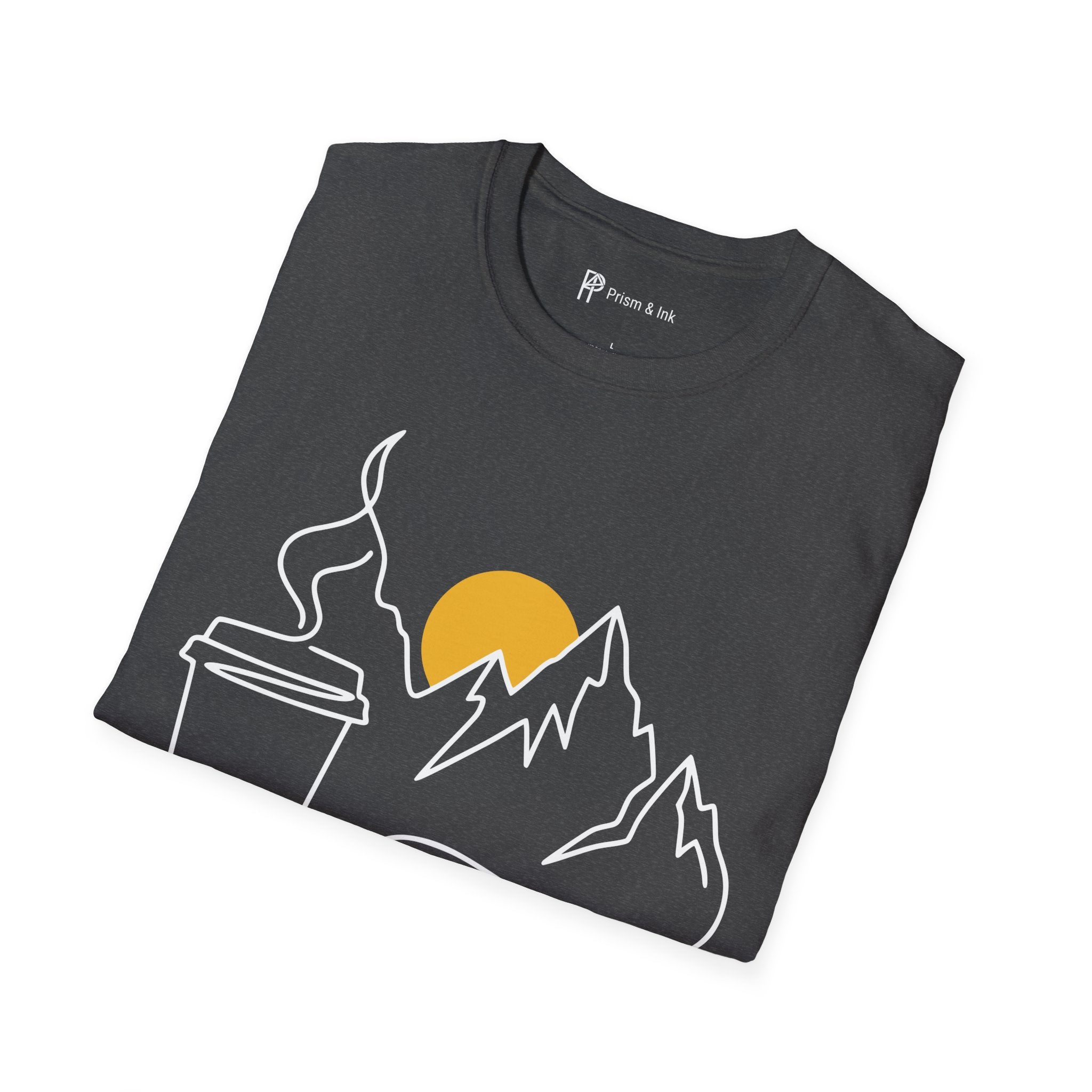 Early Climbs & Caffeine T-Shirt — Minimal Mountain and Mug Line Art