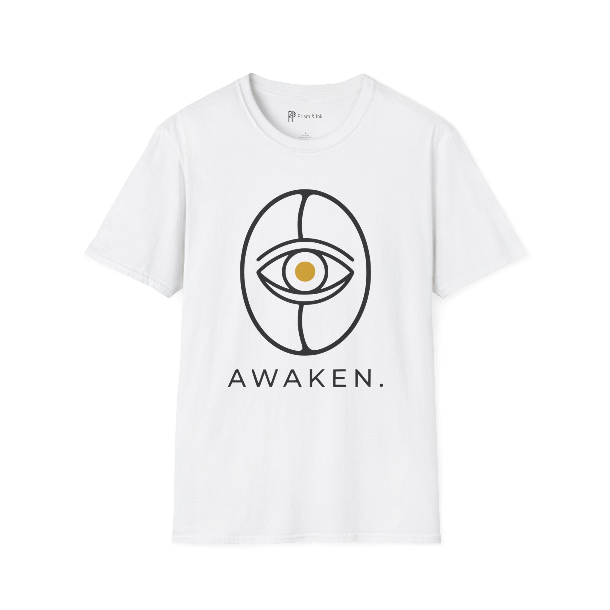 Awaken T-Shirt — Minimalist Coffee Bean and Eye Graphic