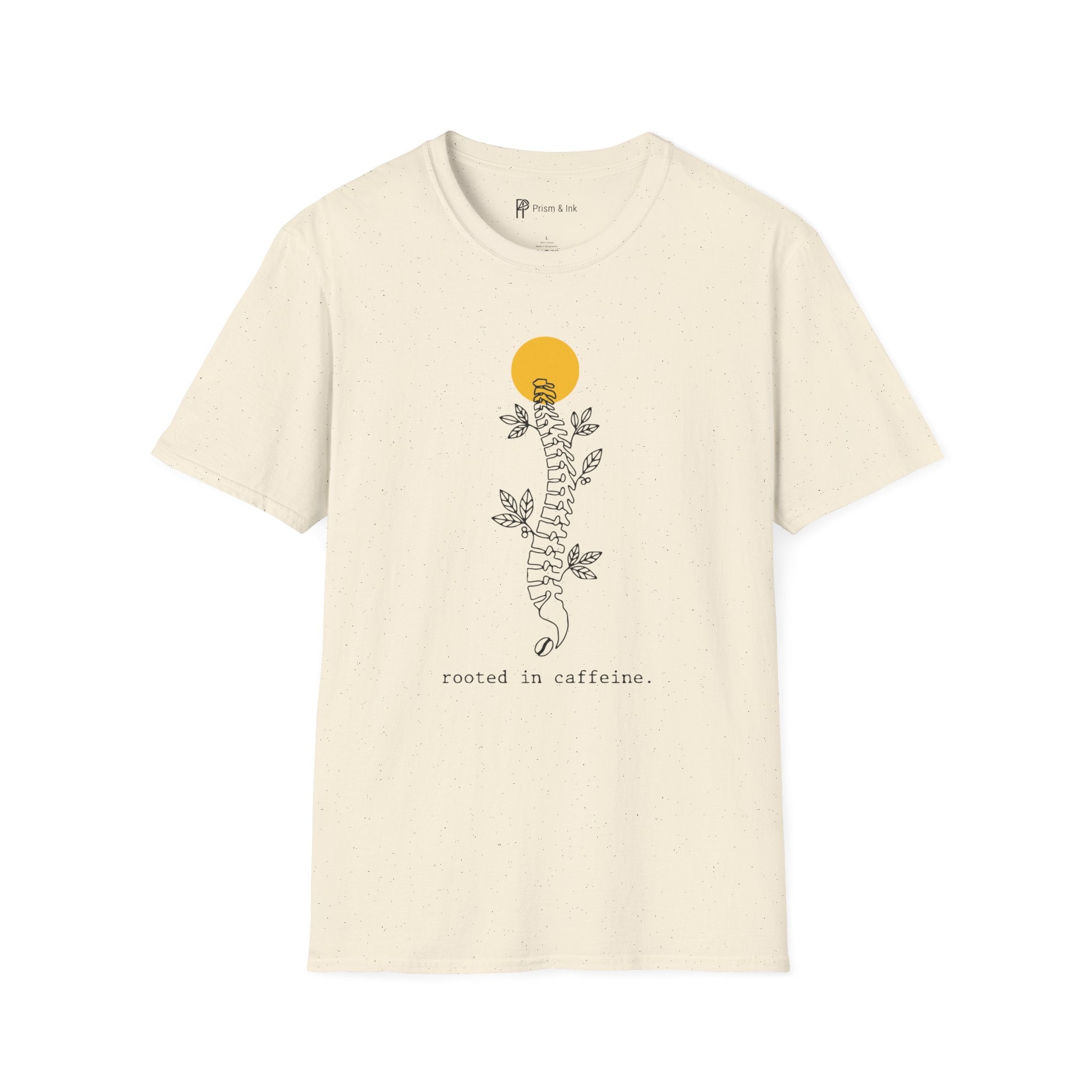 Rooted in Caffeine T-Shirt — Spinal Coffee Branch and Sun Graph