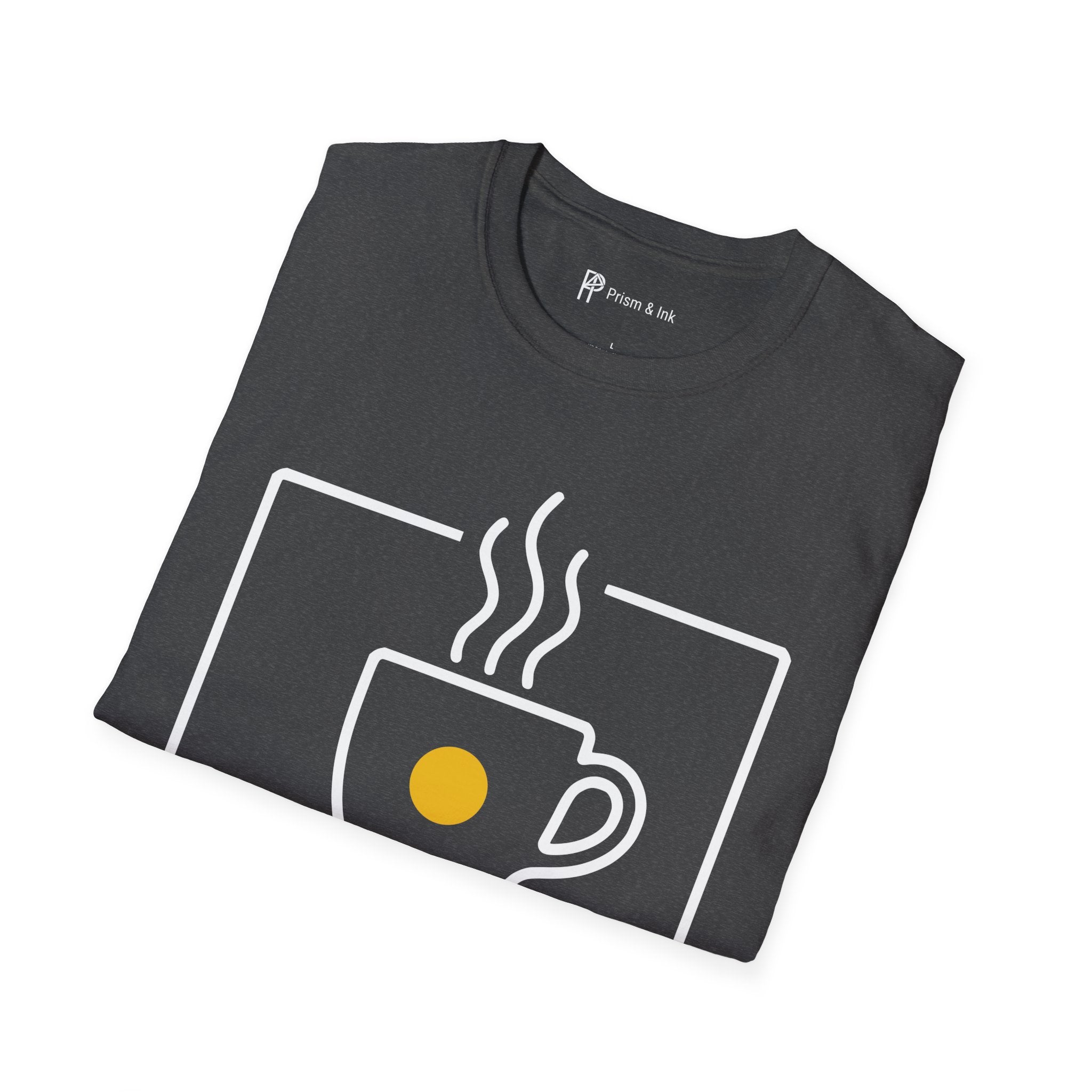Framing the Morning Light T-Shirt — Minimalist Viewfinder & Coffee Cup Art