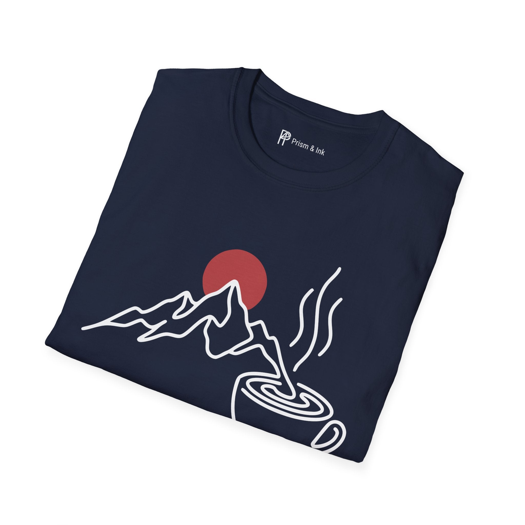 Trail Starts After Coffee T-Shirt — Minimalist Mountain & First Cup Graphic