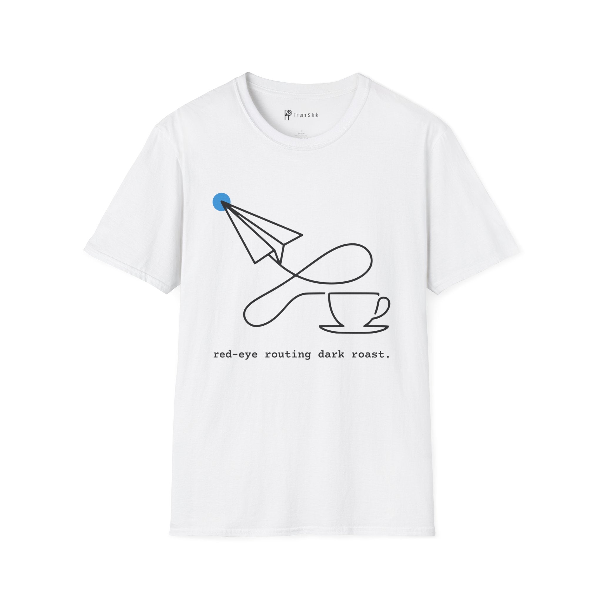 Red-Eye Routing Dark Roast T-Shirt — Minimalist Paper Plane & Coffee Flight Art