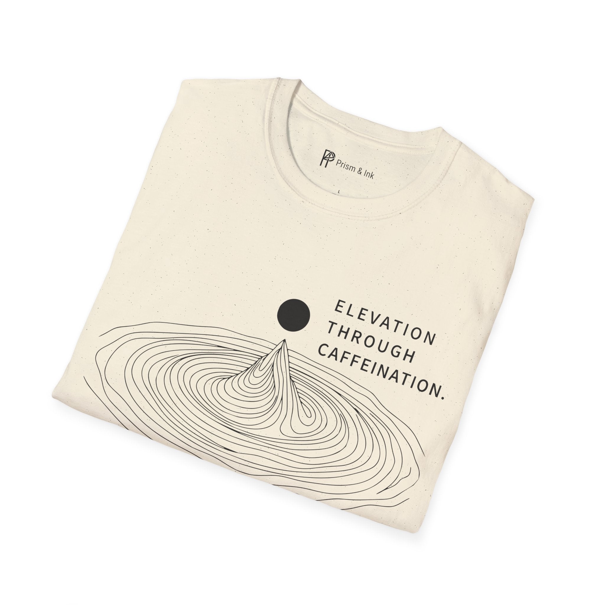 Elevation Through Caffeination T-Shirt — Topographic Peak and Caffeination Graph