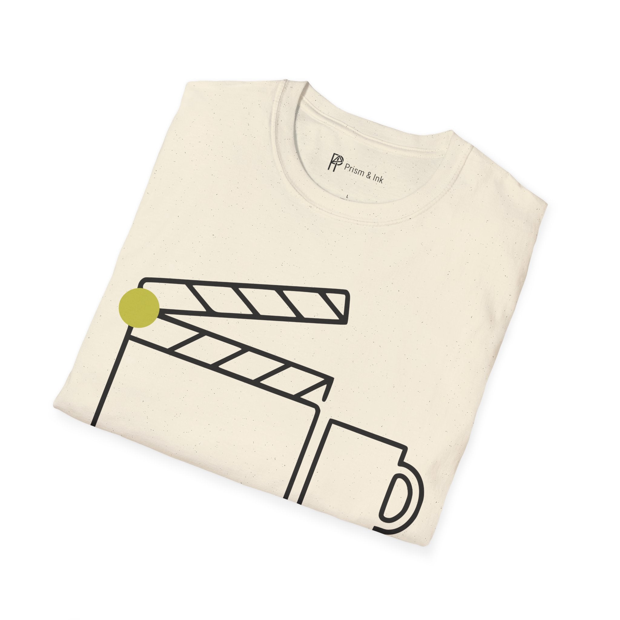 Final Cut First Cup T-Shirt — Minimalist Movie Clapper & Coffee Art