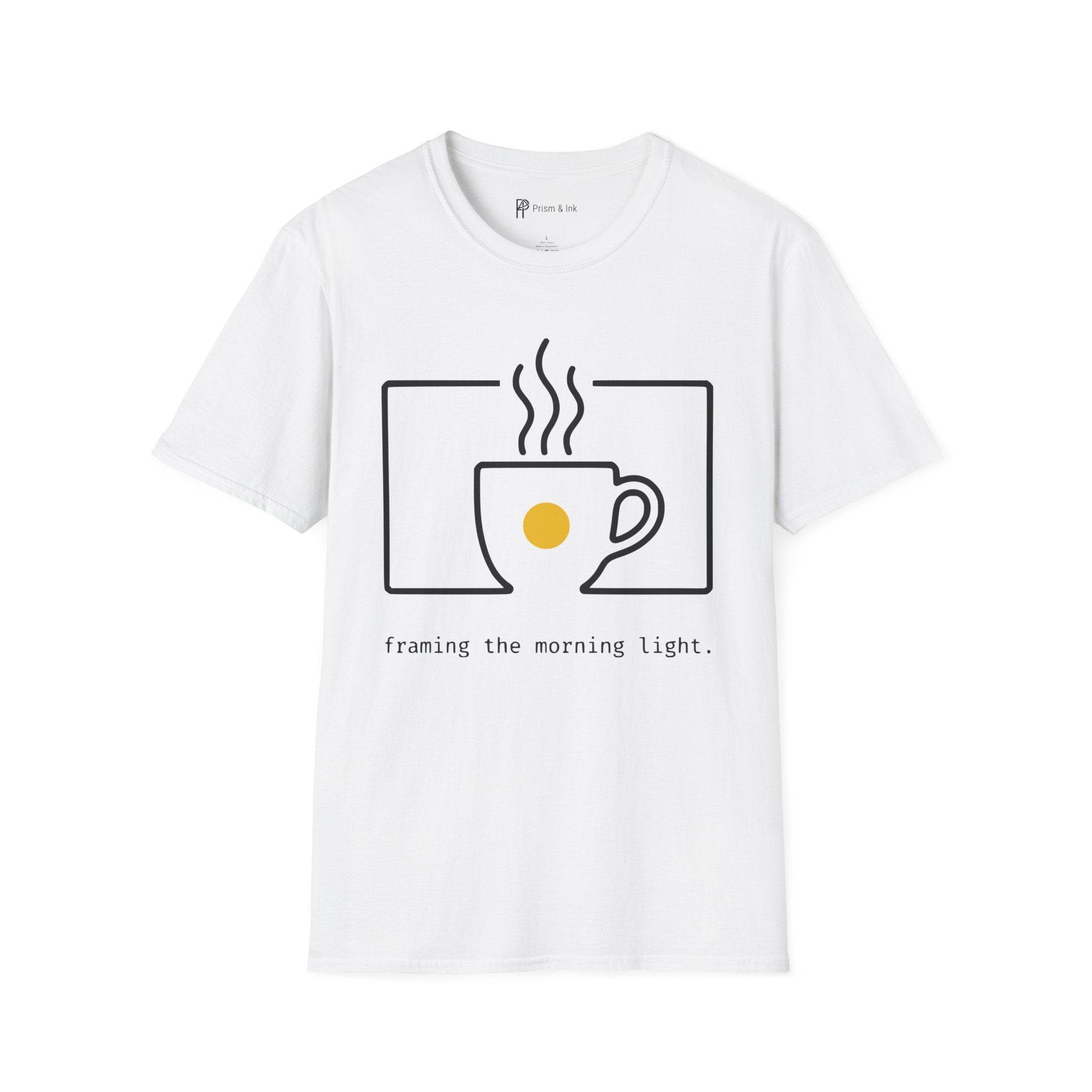 Framing the Morning Light T-Shirt — Minimalist Viewfinder & Coffee Cup Art