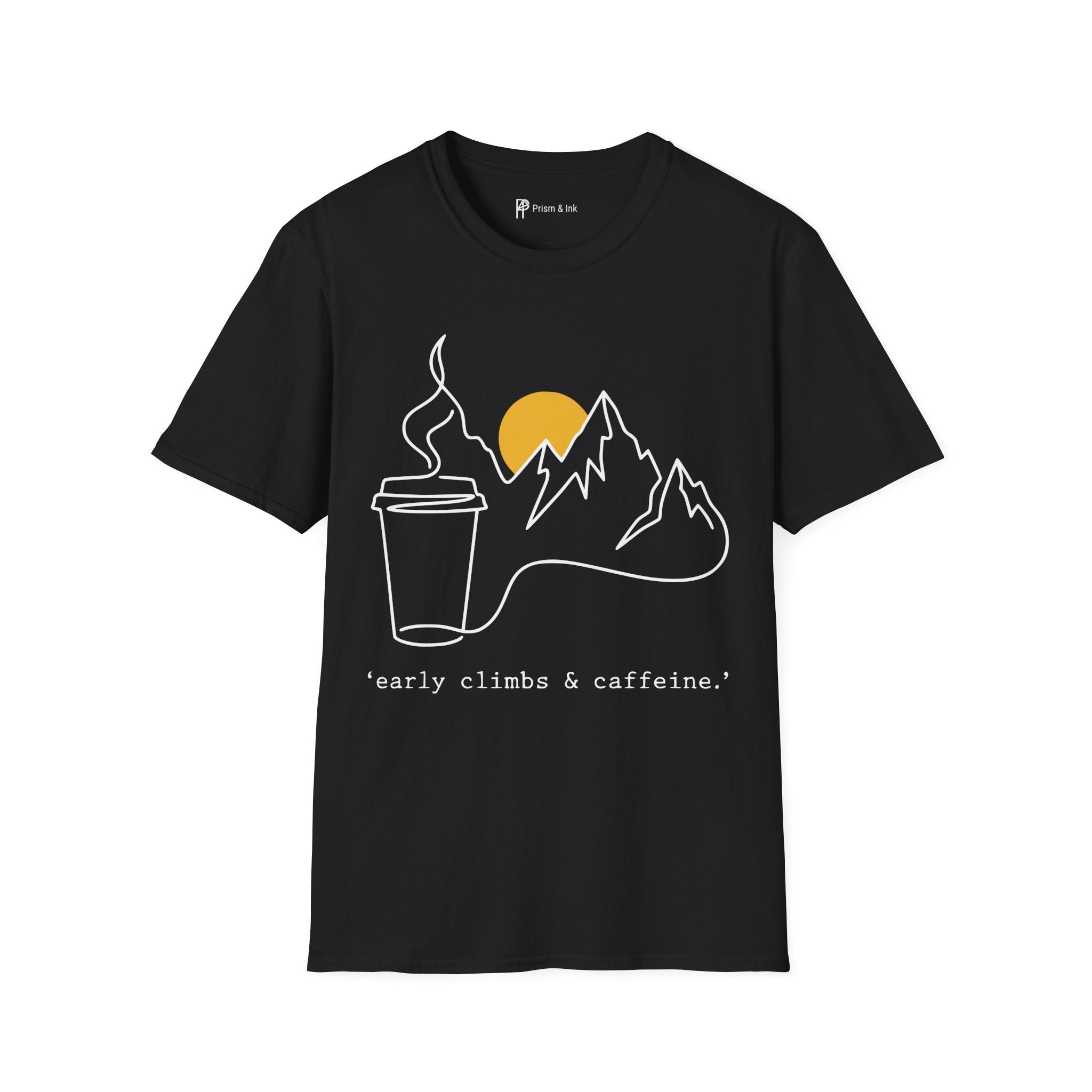 Early Climbs & Caffeine T-Shirt — Minimal Mountain and Mug Line Art