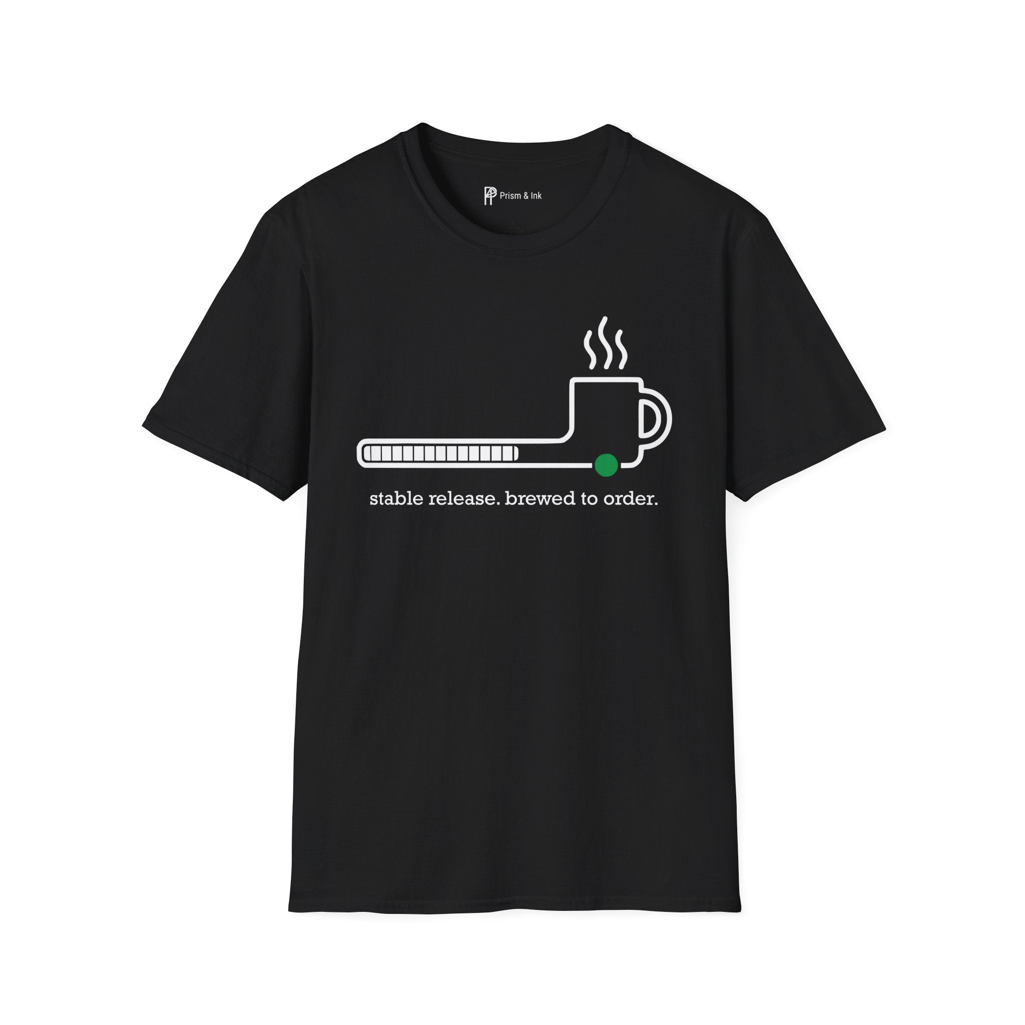 Stable Release Coffee T-Shirt — Minimalist Loading Bar & Brew Graphic