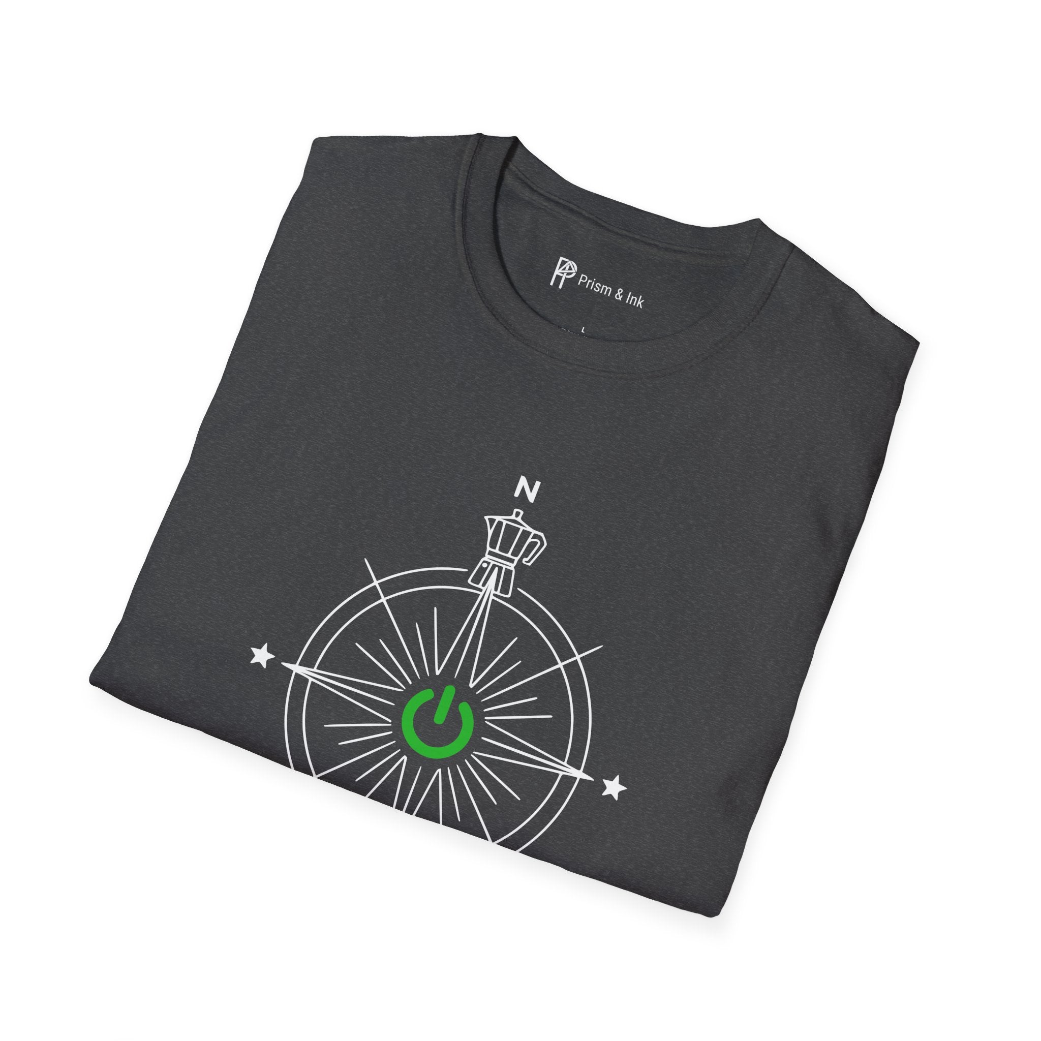 Exploration & Fusion T-Shirt — Minimalist Coffee Compass & Moka Pot Art