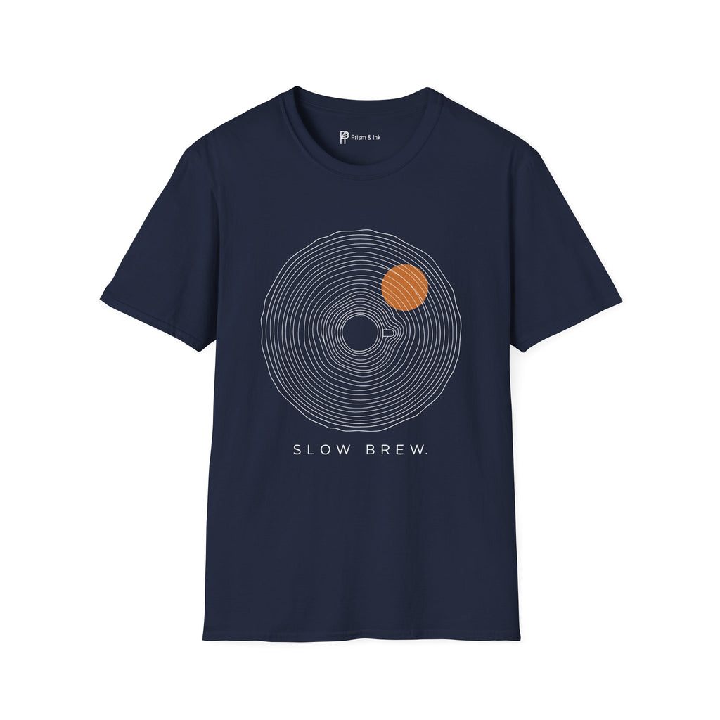 Slow Brew T-Shirt — Tree Ring Growth and Coffee Cup Silhouette
