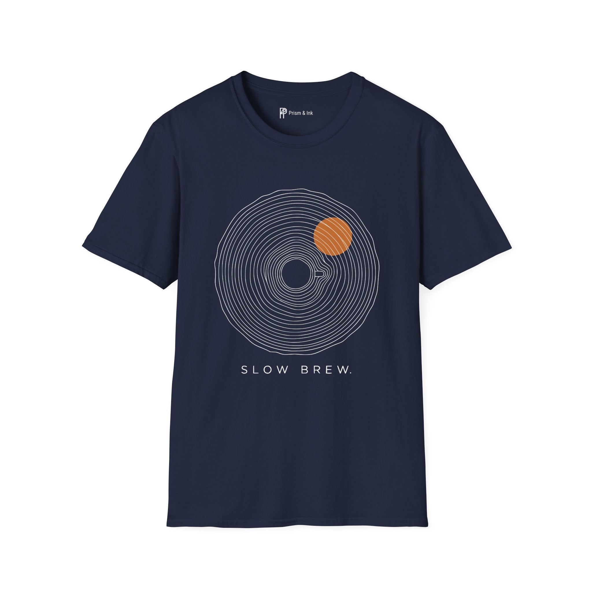 Slow Brew T-Shirt — Tree Ring Growth and Coffee Cup Silhouette