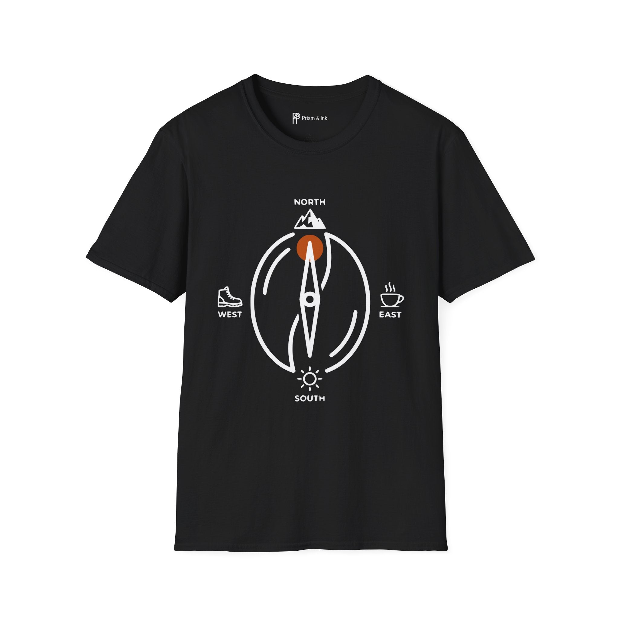 Caffeine Compass T-Shirt — Minimalist Coffee Bean Navigation