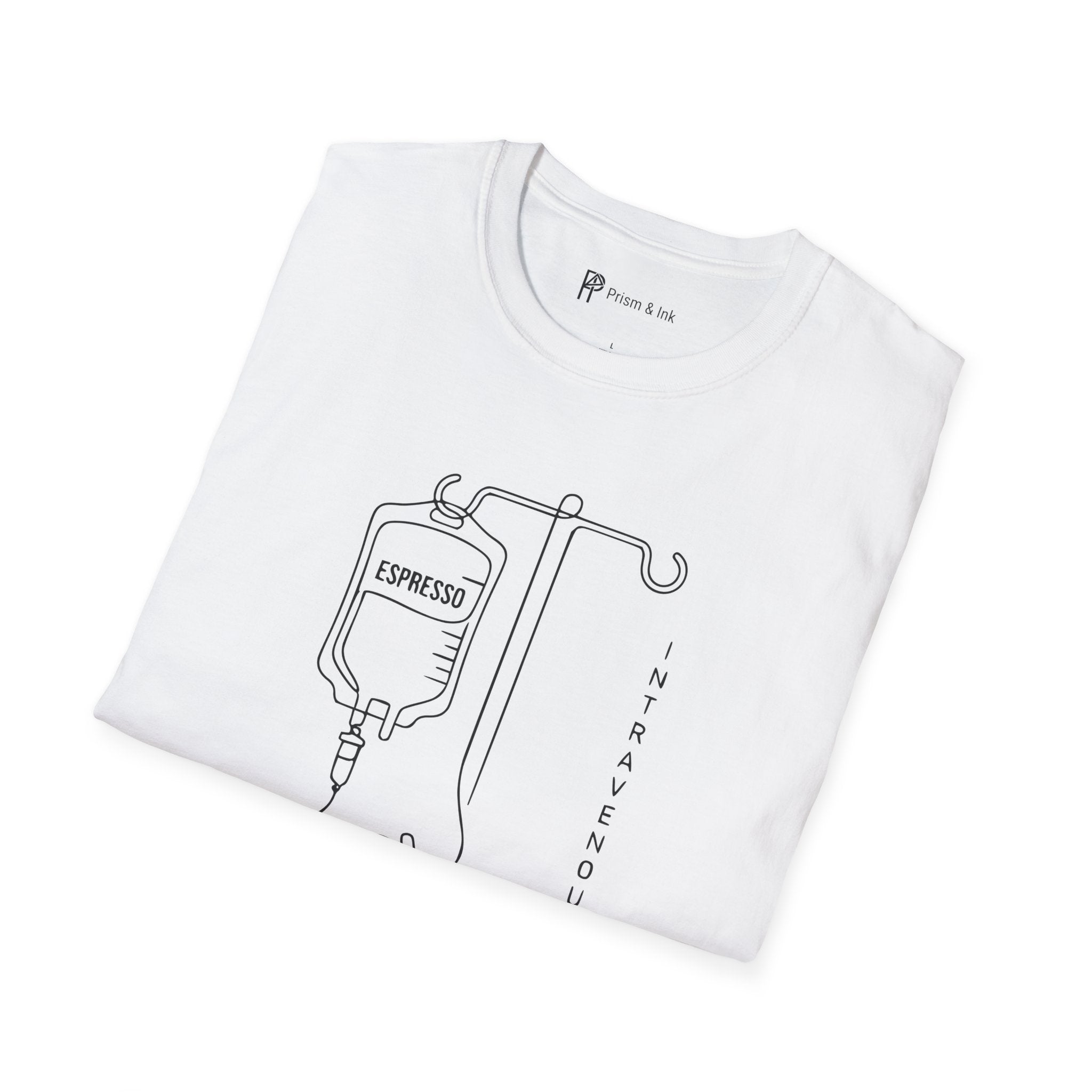 Intravenous Intake T-Shirt — Espresso IV and Heart Line Art