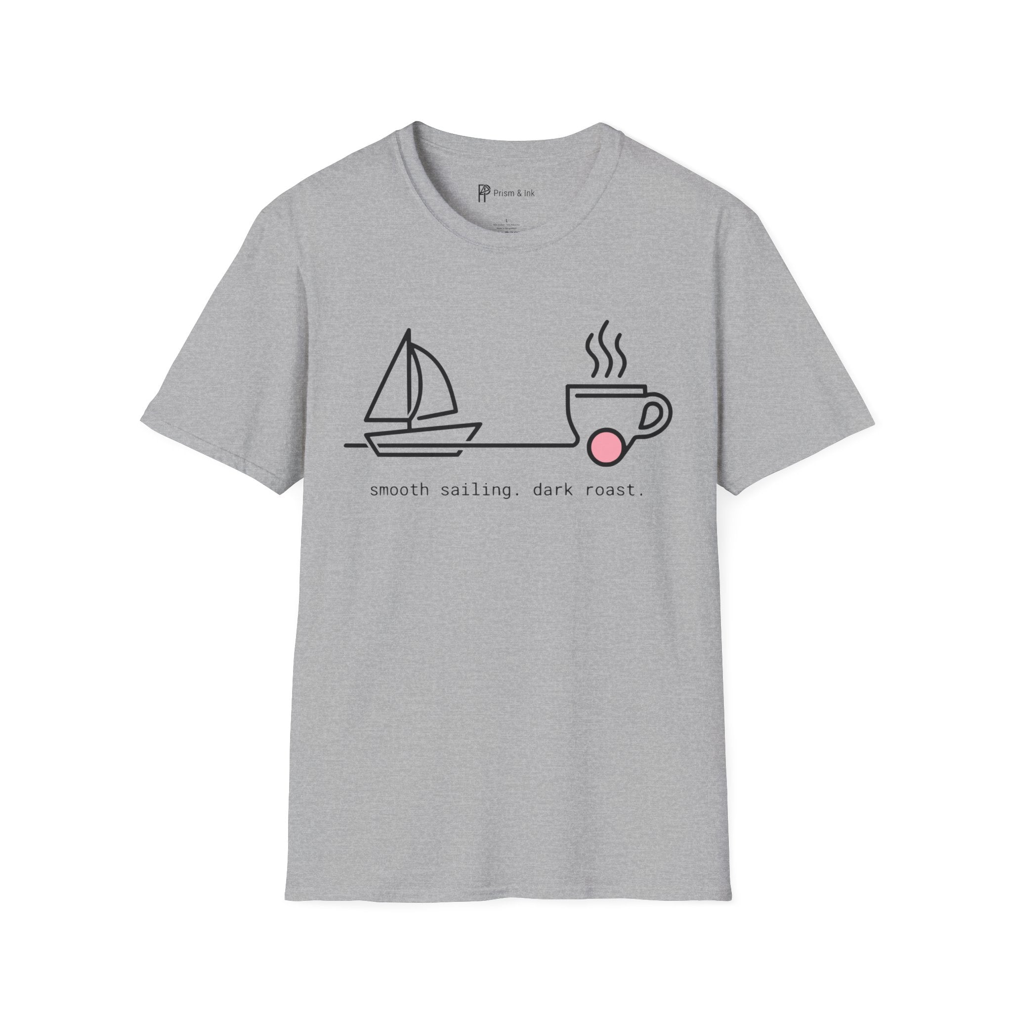Smooth Sailing Dark Roast T-Shirt — Minimalist Sailboat & Coffee Cup