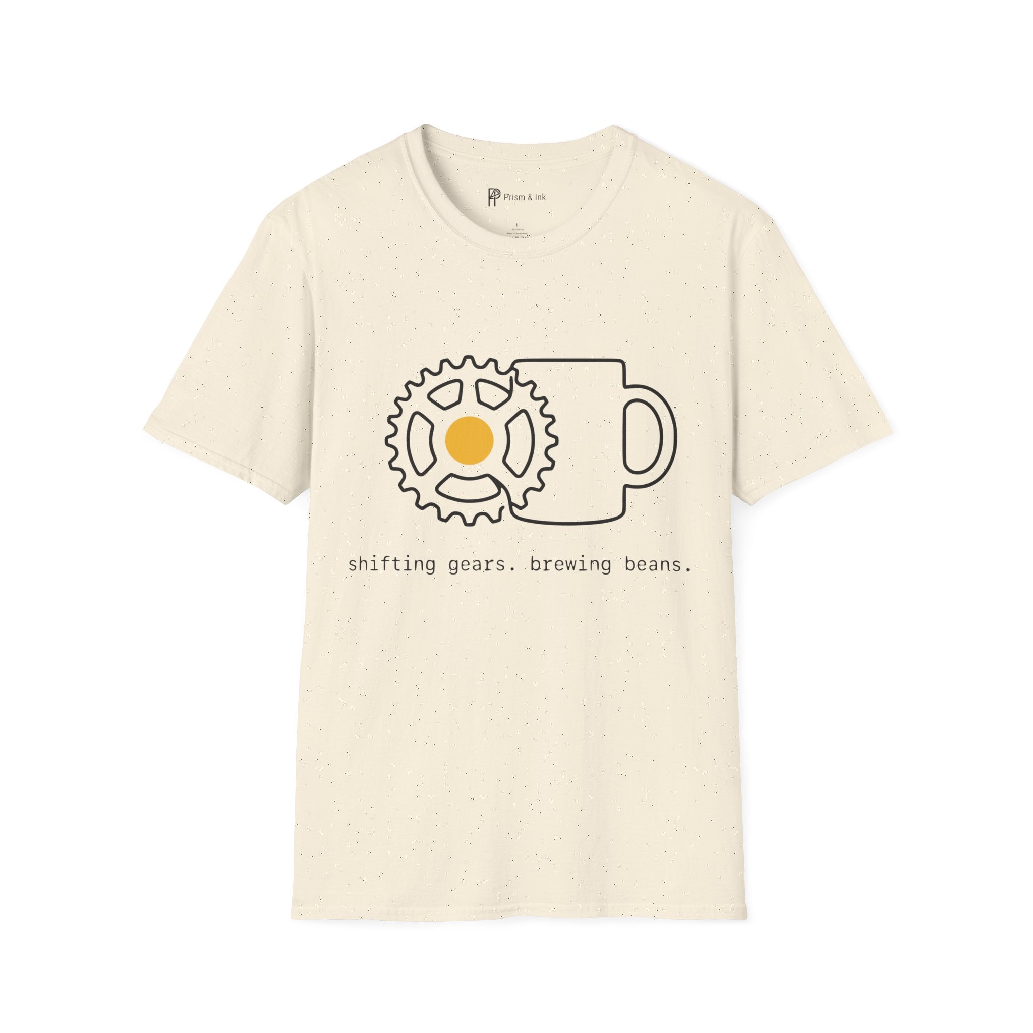 Shifting Gears T-Shirt — Minimalist Cycling Cog & Coffee Line Art