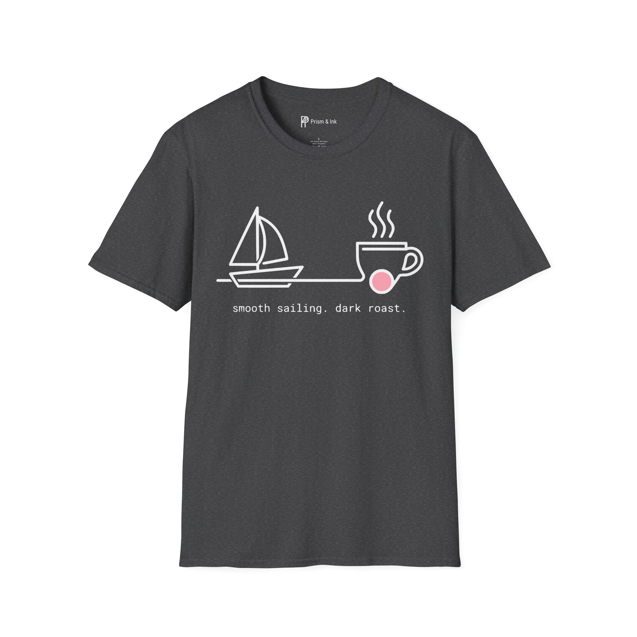 Smooth Sailing Dark Roast T-Shirt — Minimalist Sailboat & Coffee Cup