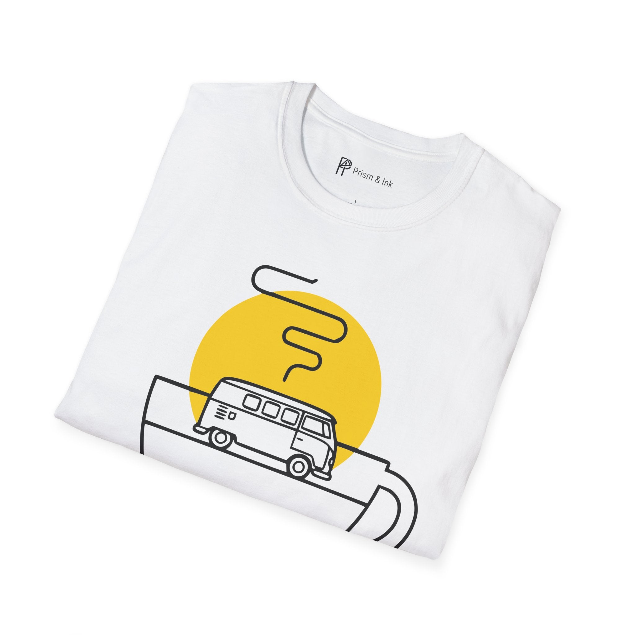 Morning Drift T-Shirt — Retro Camper Van and Coffee Cup