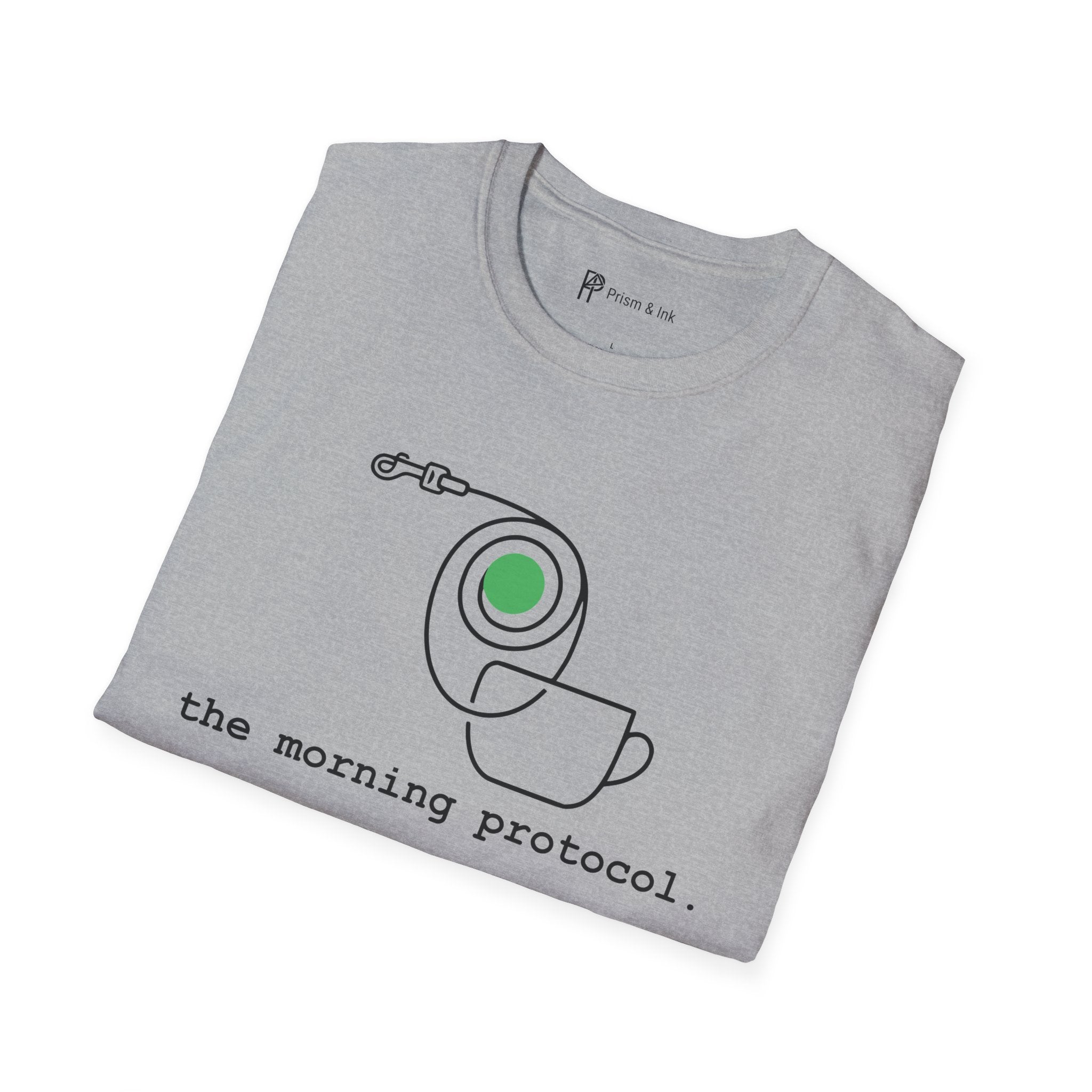 Morning Protocol T-Shirt — Minimalist Dog Leash & Coffee Cup Graphic